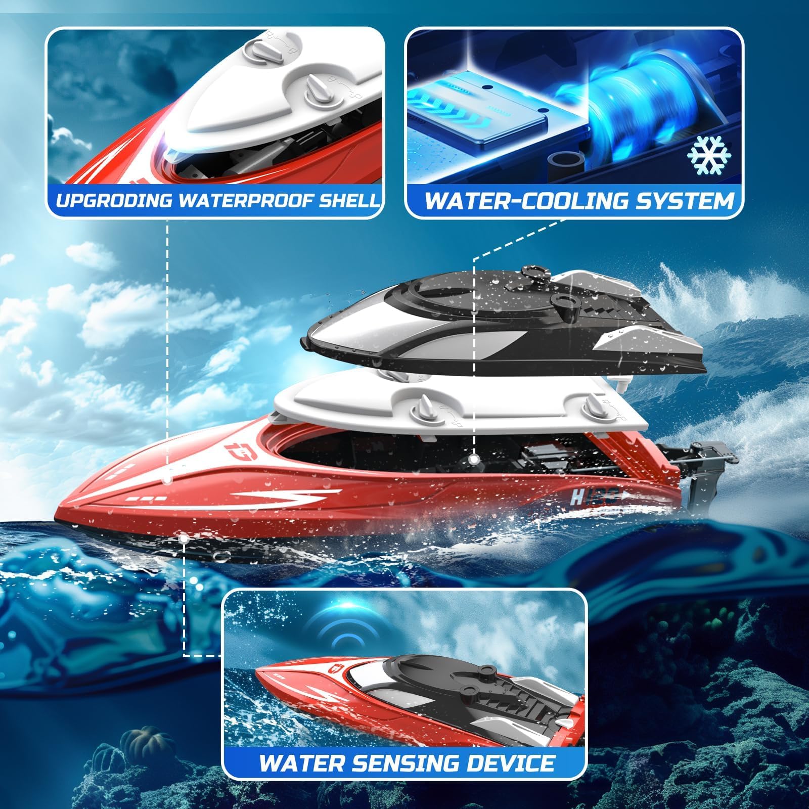 Red and white fast remote control boat for kids with waterproof shell water-cooling system and water sensing device