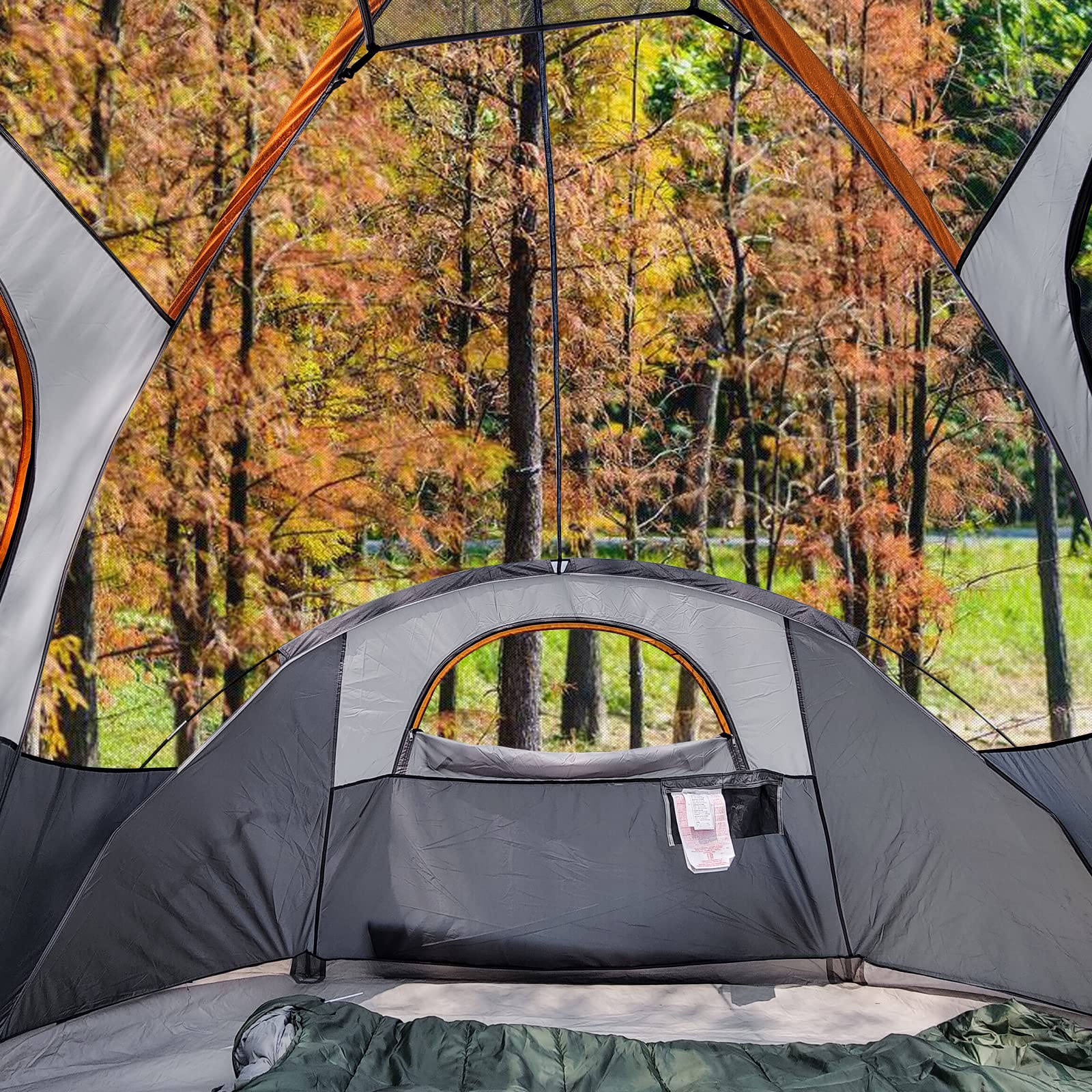 Interior view of a dome camping tent with rainfly showing mesh window and fall forest background