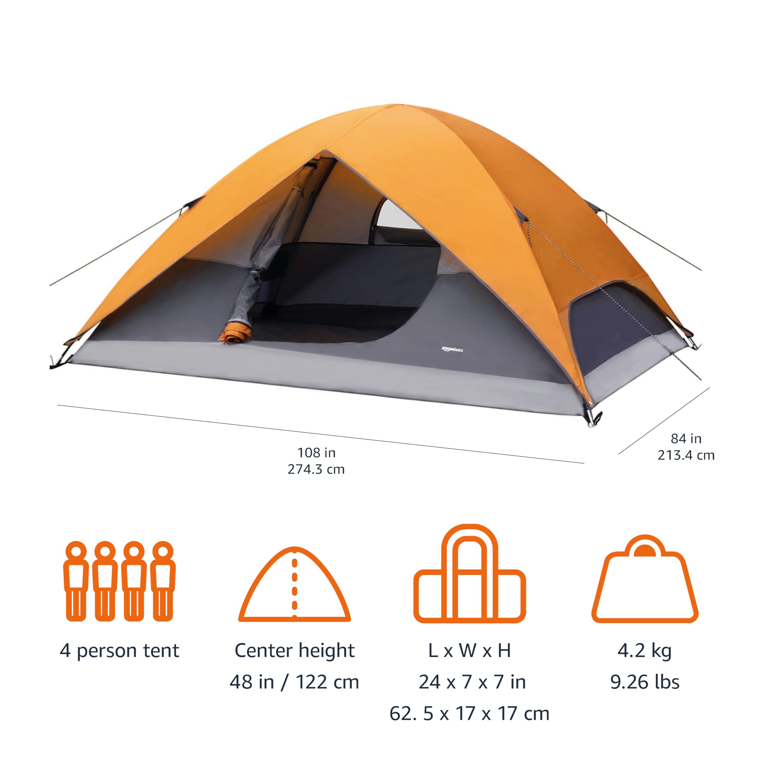 Craques dome camping tent with rainfly in orange and gray for 4 persons with measurements and weight details
