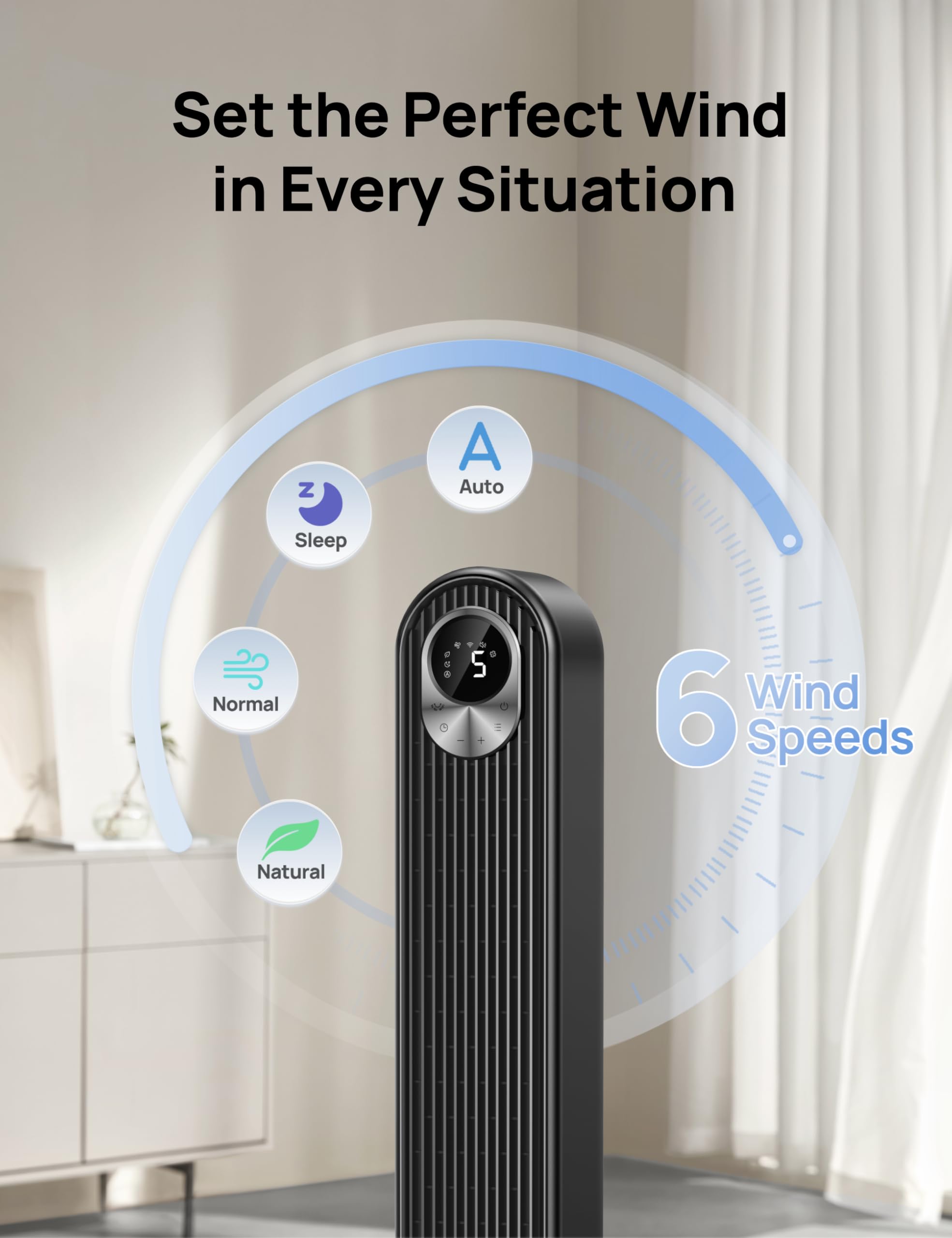 Dreo tower fan for home in black with digital display showing six wind speeds and multiple modes