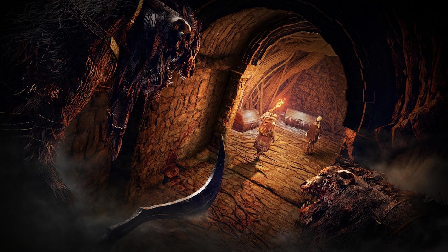 Elden Ring Nightreign PS5 gameplay scene with characters and monstrous creatures in a dark dungeon