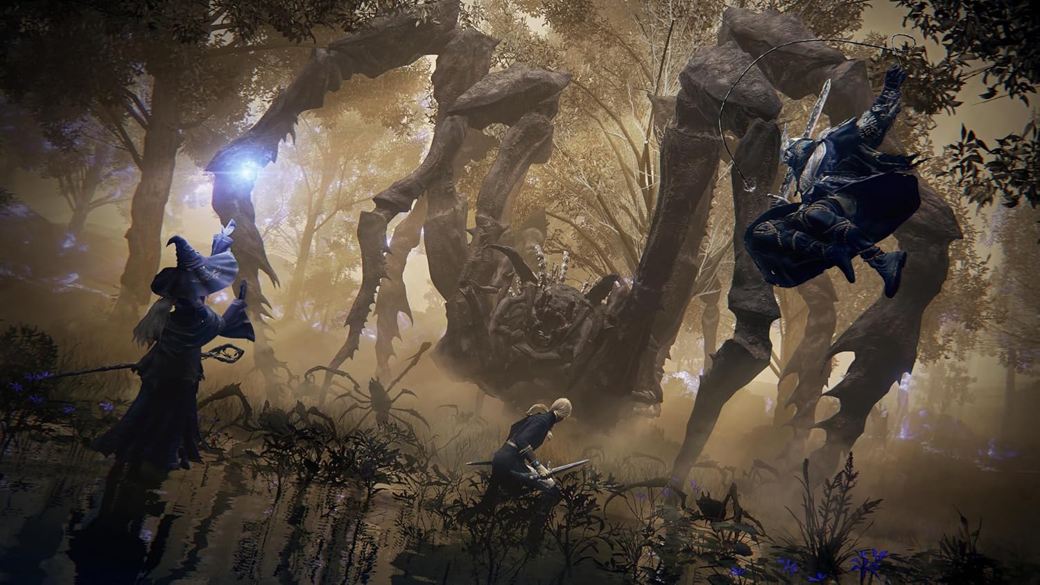 Elden Ring Nightreign PS5 game scene showing characters battling a giant spider monster in a dark forest