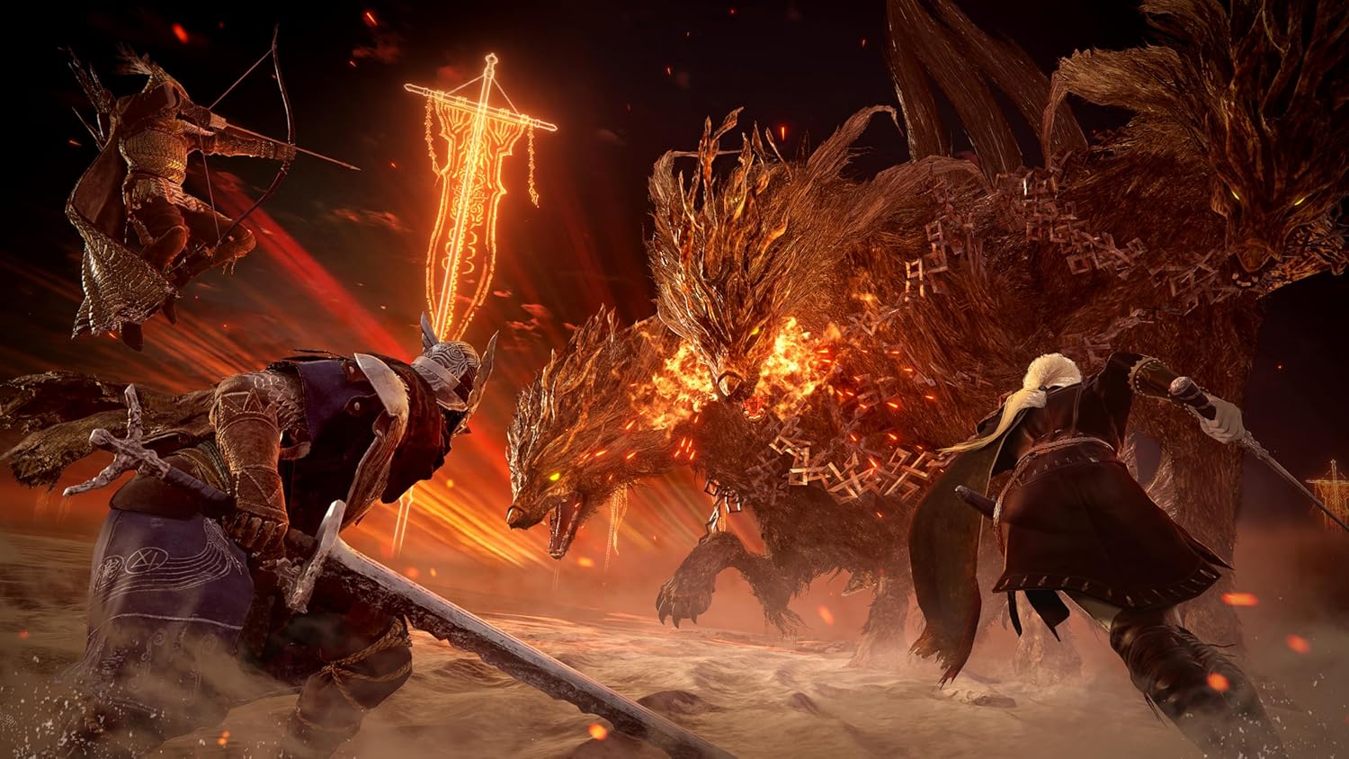 Elden Ring Nightreign PS5 gameplay scene featuring characters battling a fiery multi-headed beast