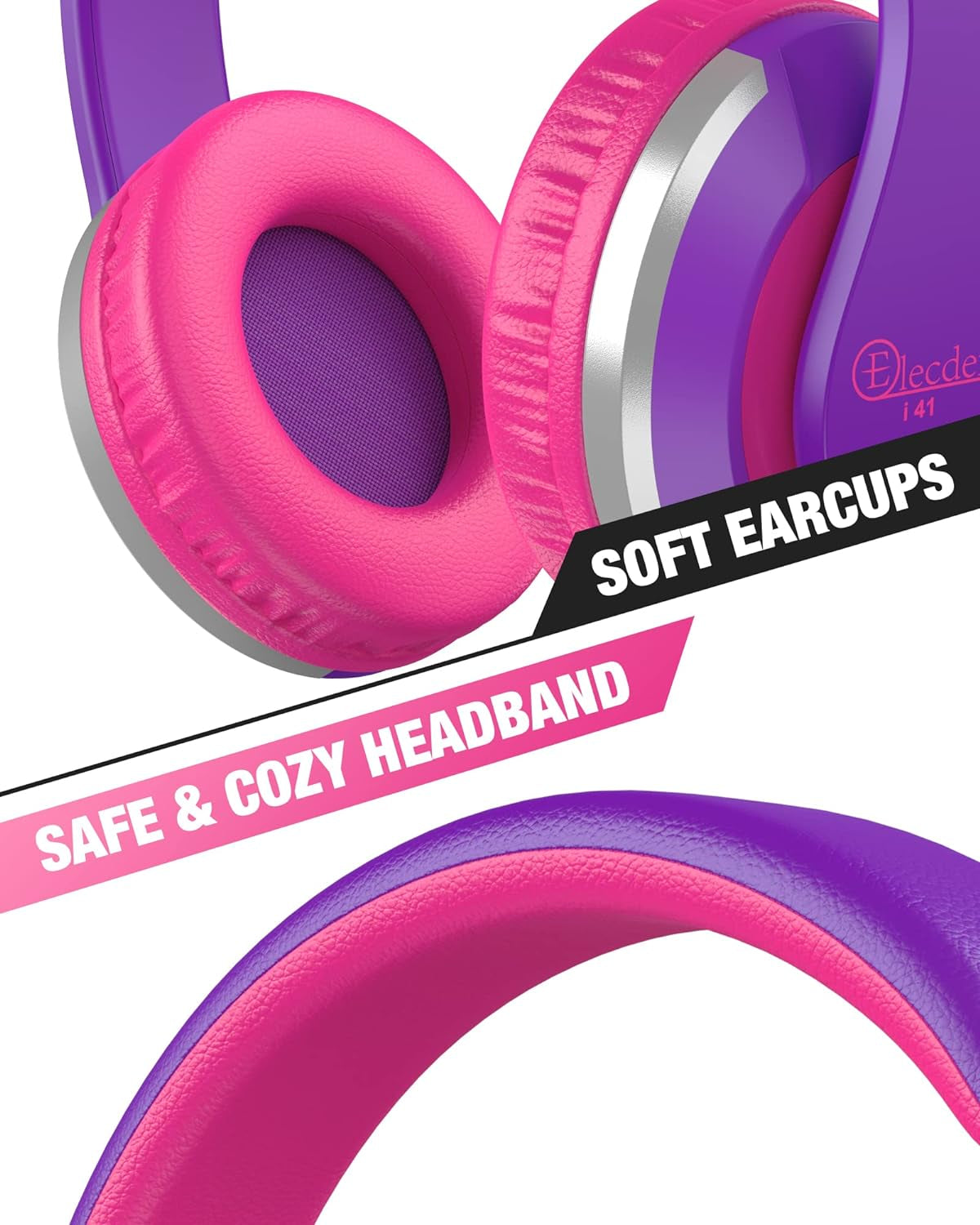 Craques kids foldable headphones with soft pink earcups and cozy purple headband for comfort