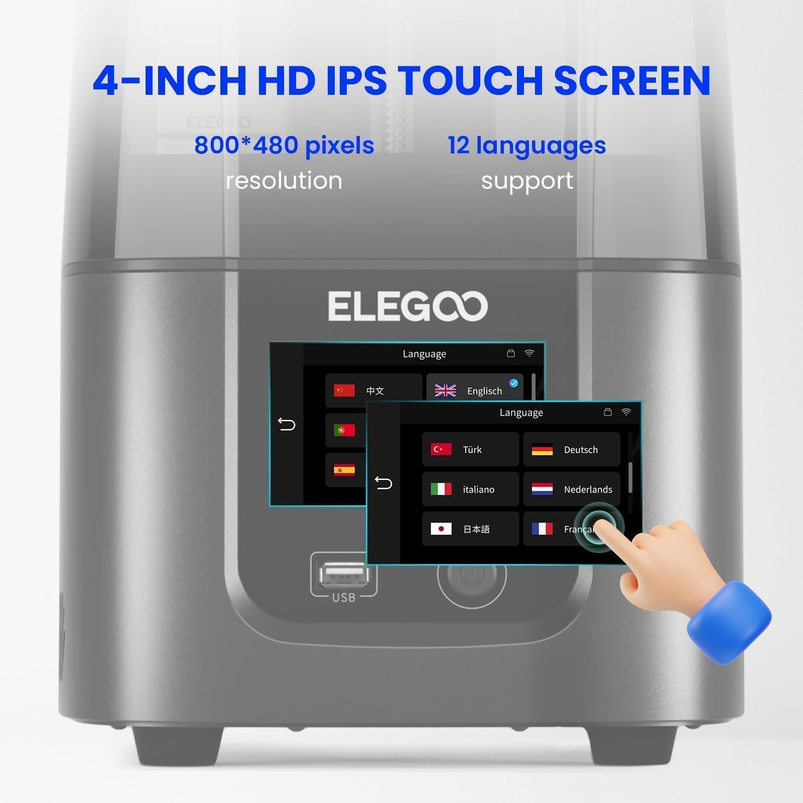 ELEGOO Mars 4 MSLA 3D printer with 4-inch HD IPS touch screen and 12 language support