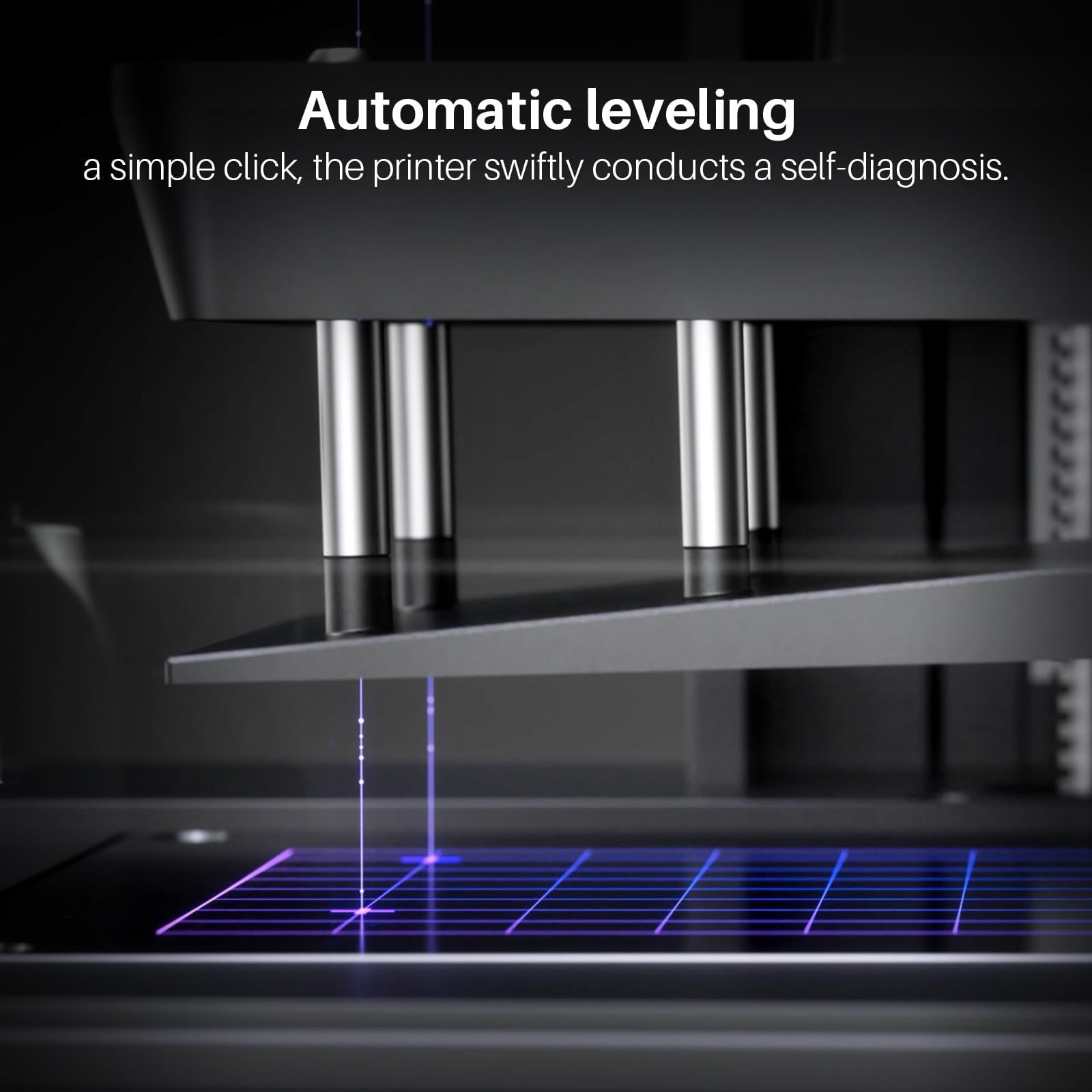Close-up of ELEGOO Mars 4 MSLA 3D printer showing automatic leveling feature with precise laser grid