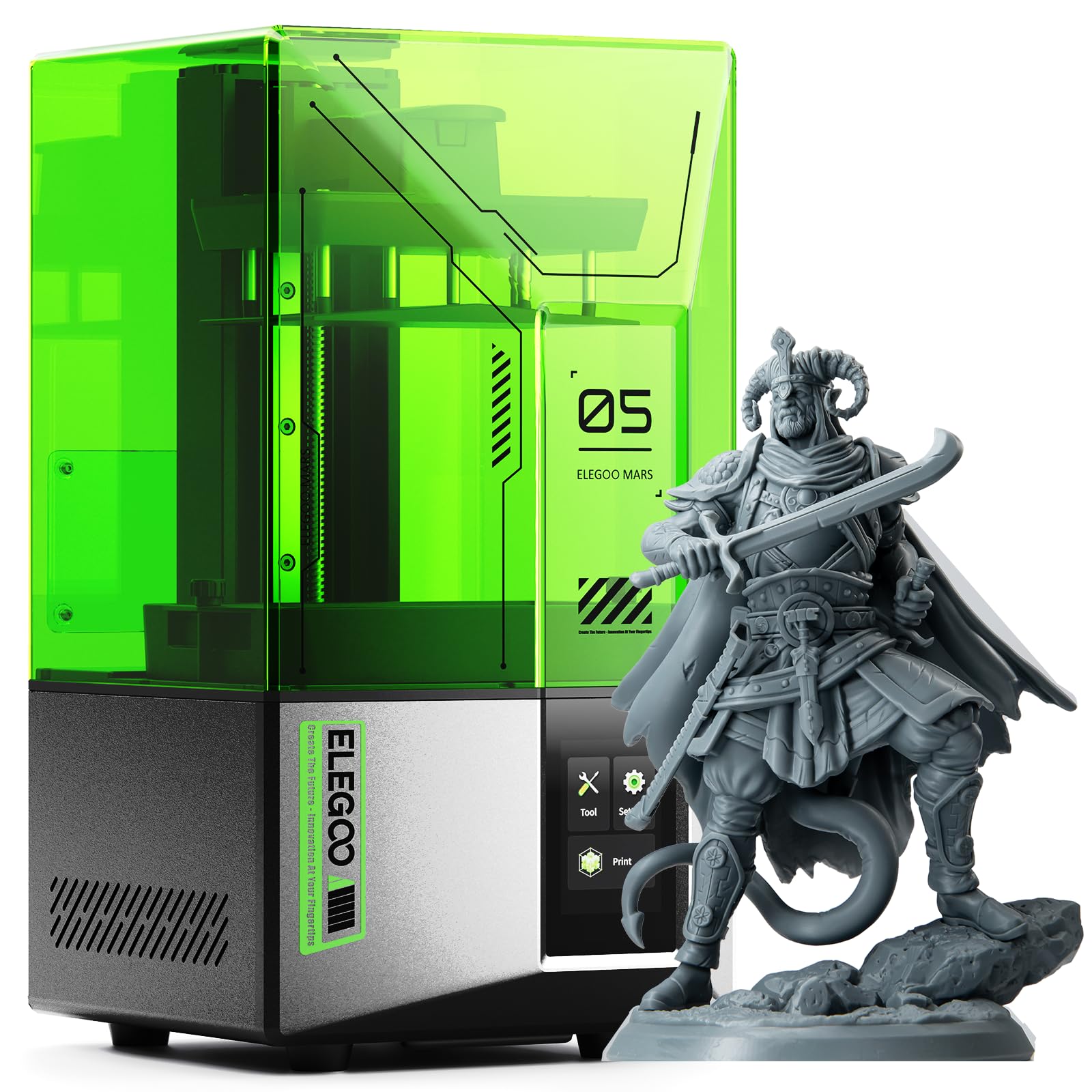 ELEGOO Mars 4 MSLA 3D printer with green cover and detailed gray samurai 3D printed model