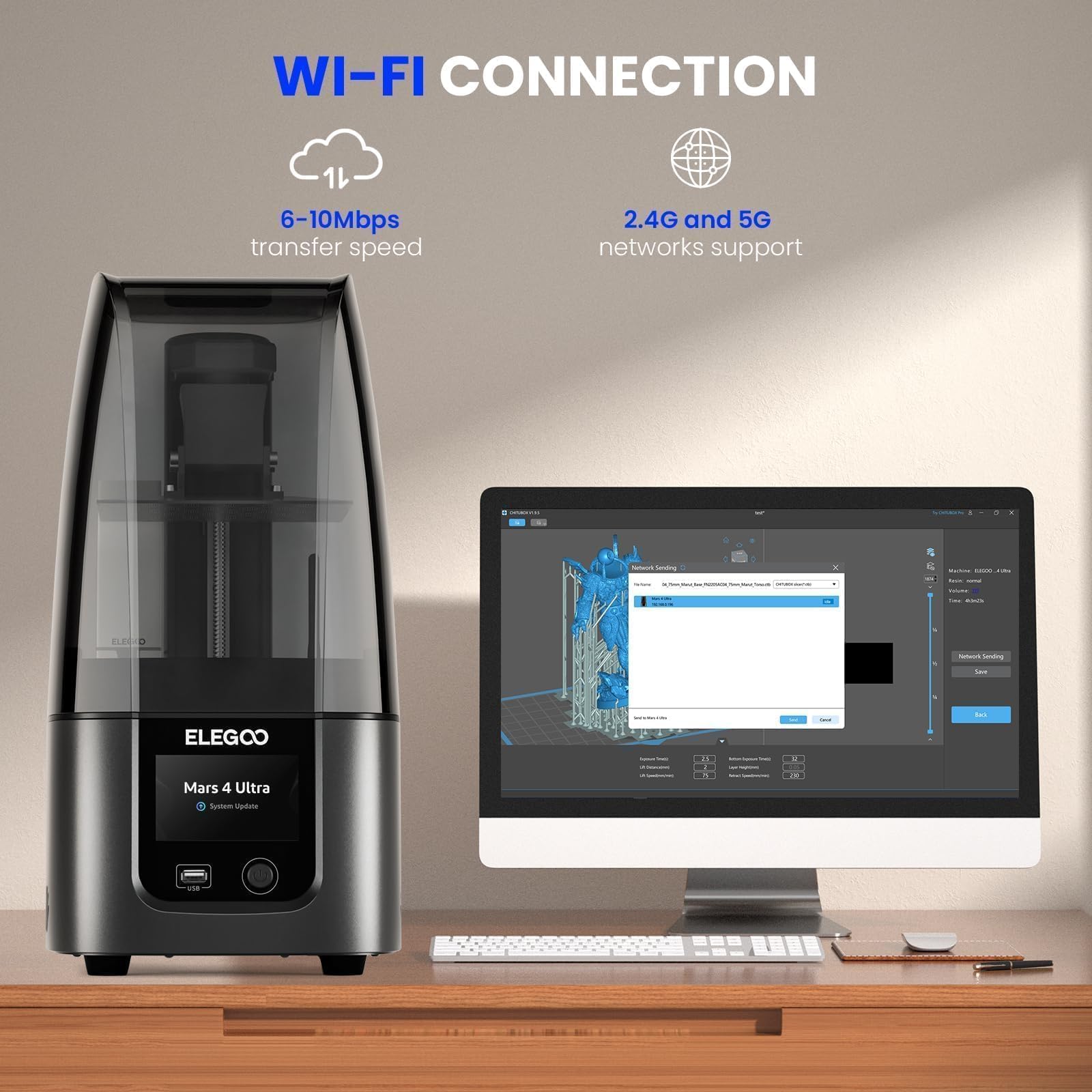 ELEGOO Mars 4 MSLA 3D printer with Wi-Fi connection next to a computer displaying 3D printing software