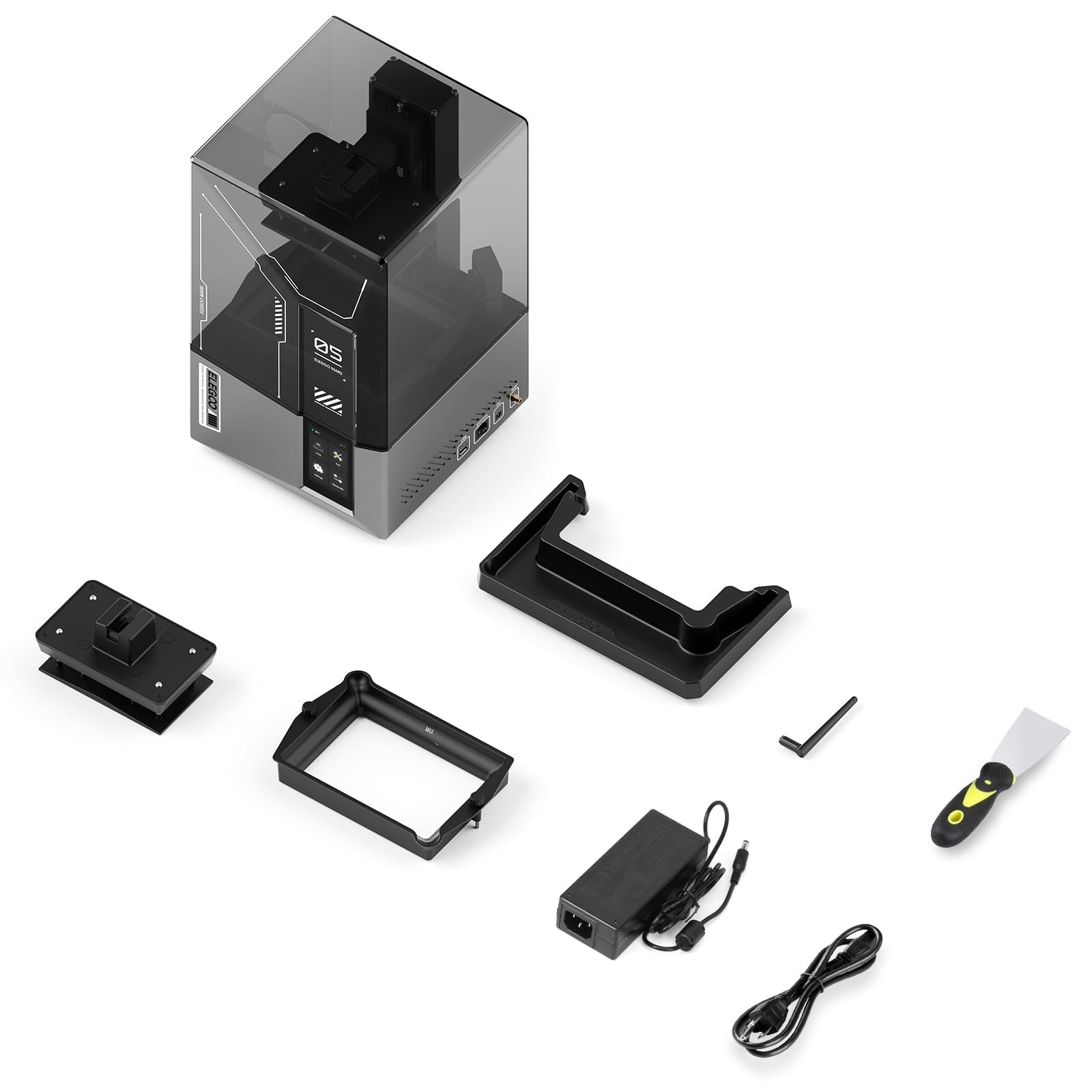 ELEGOO Mars 4 MSLA 3D printer with accessories including power adapter, scraper, cables, and mounting parts