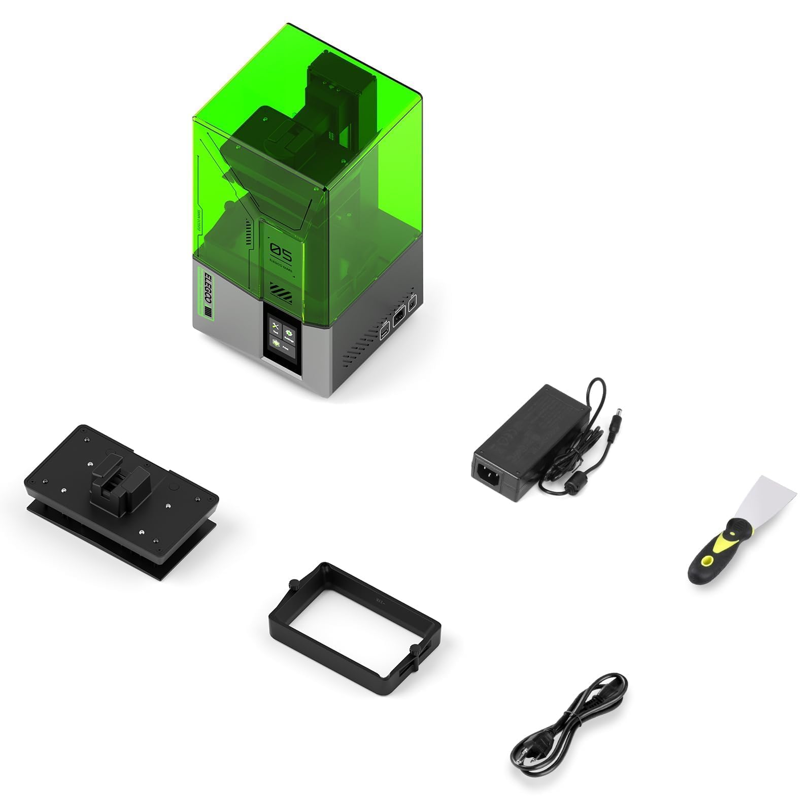 ELEGOO Mars 4 MSLA 3D printer with green cover and included accessories on white background