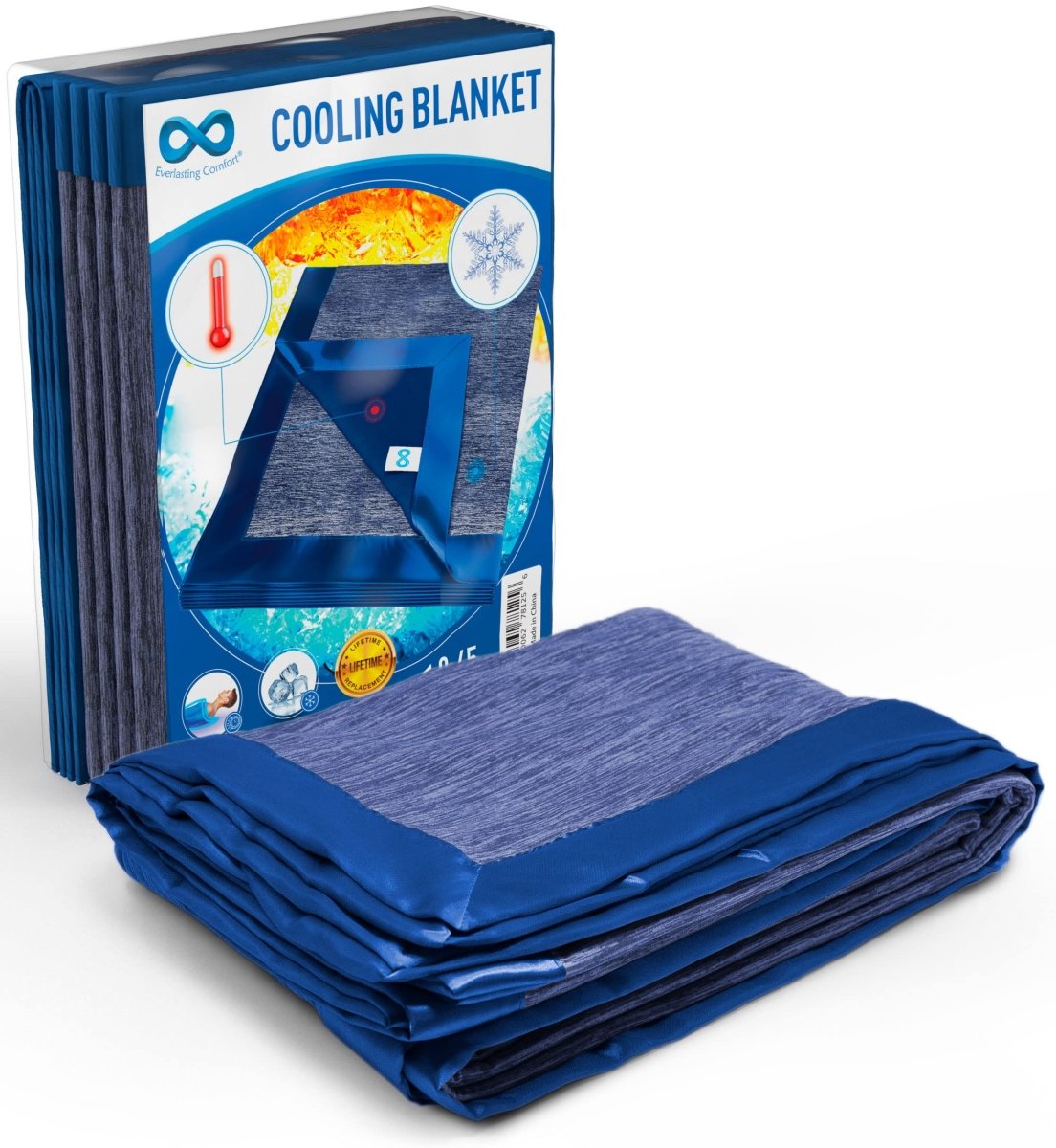 Everlasting Comfort cooling blanket by craques in blue with packaging showing temperature control features