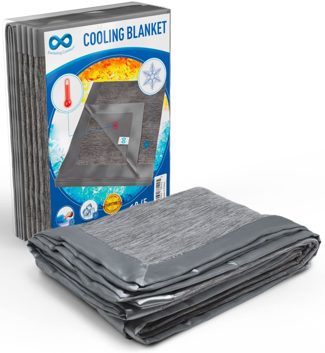 Craques Everlasting Comfort cooling blanket in gray with packaging showing temperature regulation features