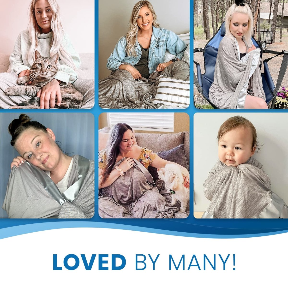 Collage of people and pets using the Everlasting Comfort cooling blanket in various cozy settings