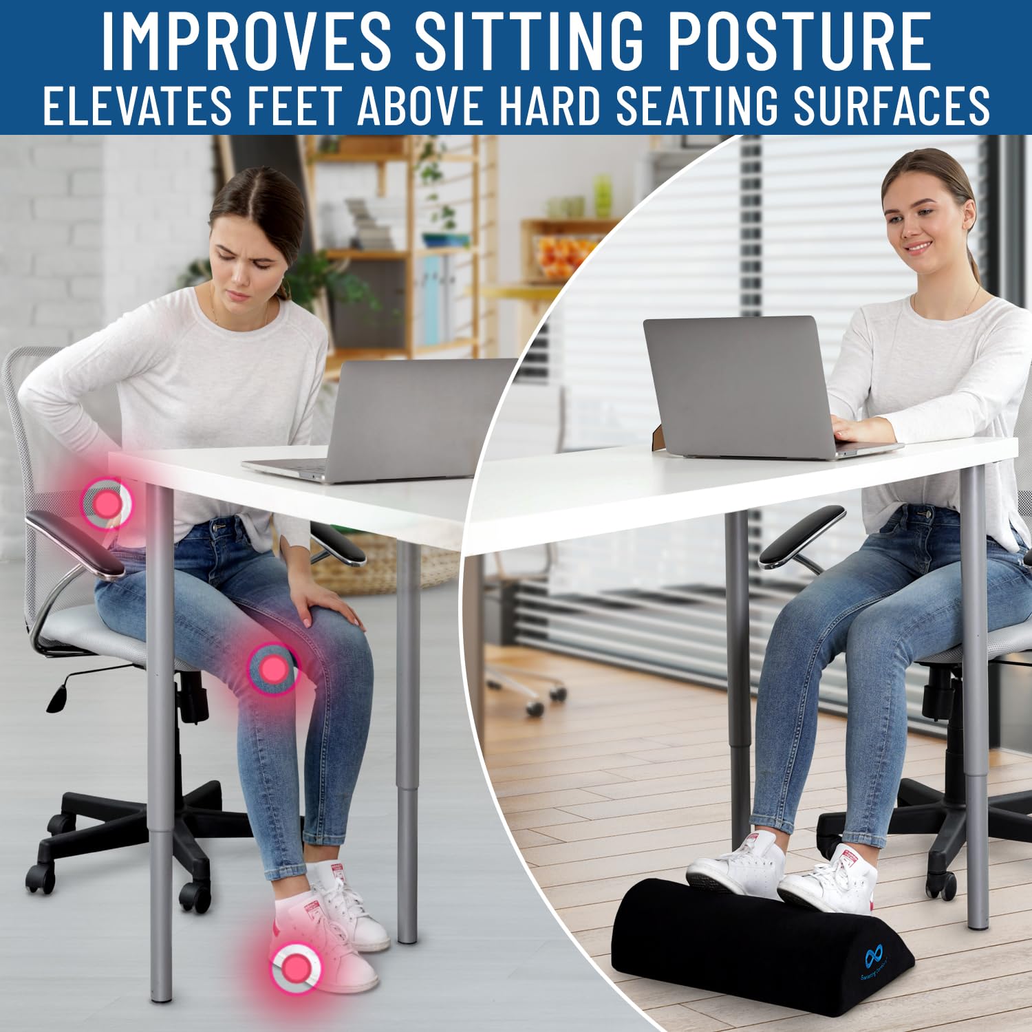Ergonomic foot rest for office improving sitting posture by elevating feet above hard seating surfaces