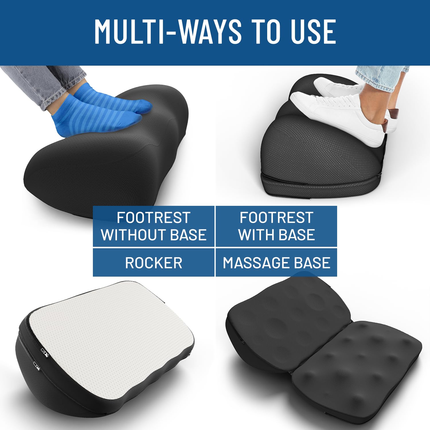 Craques ergonomic foot rest for office showing multiple uses with and without base and massage options