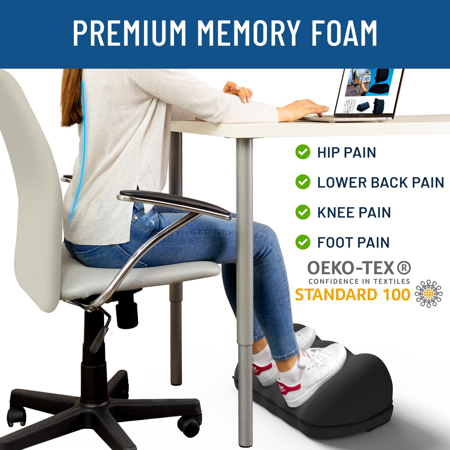 Ergonomic foot rest for office with premium memory foam reducing hip back knee and foot pain
