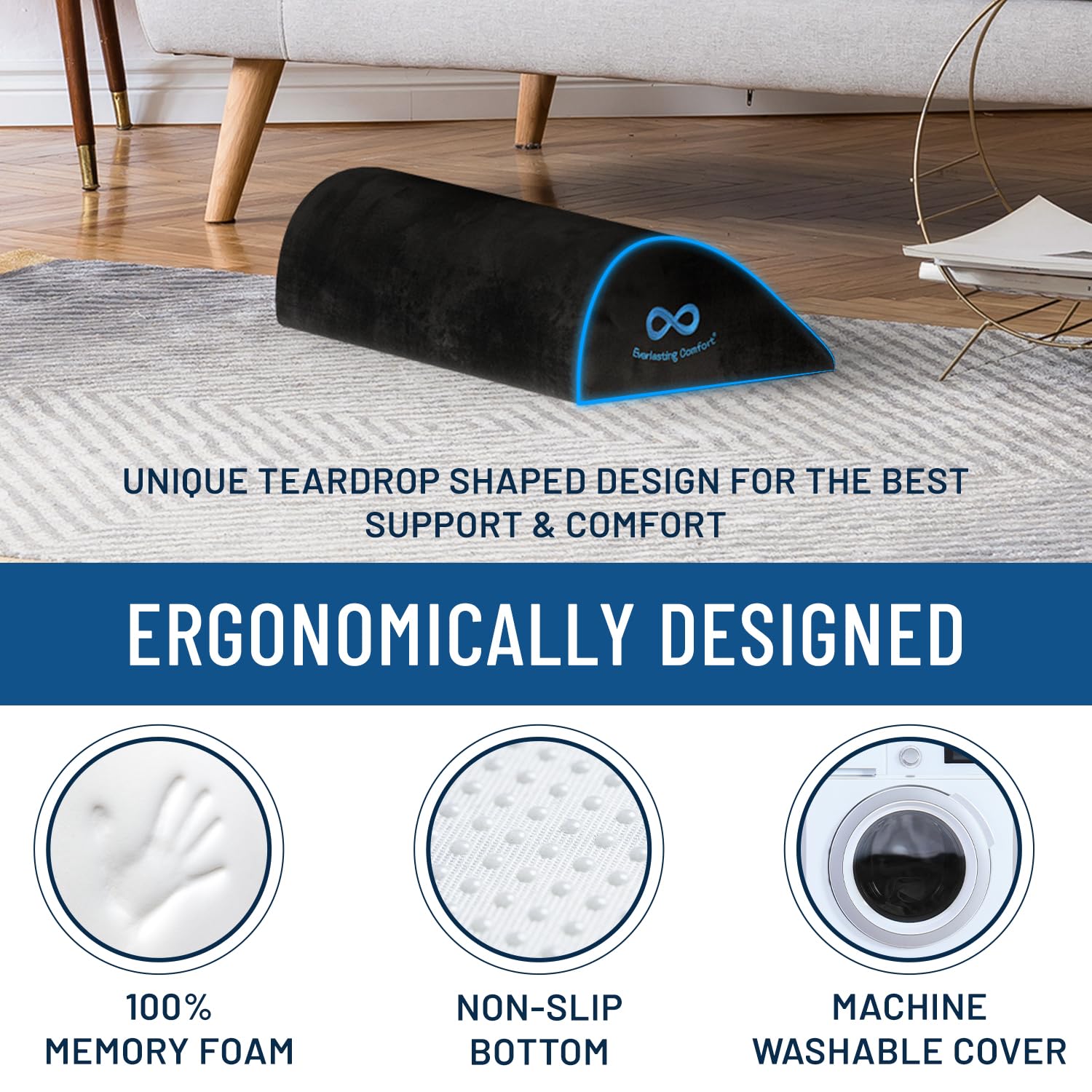 Ergonomic foot rest for office with teardrop shape memory foam non-slip bottom and washable cover