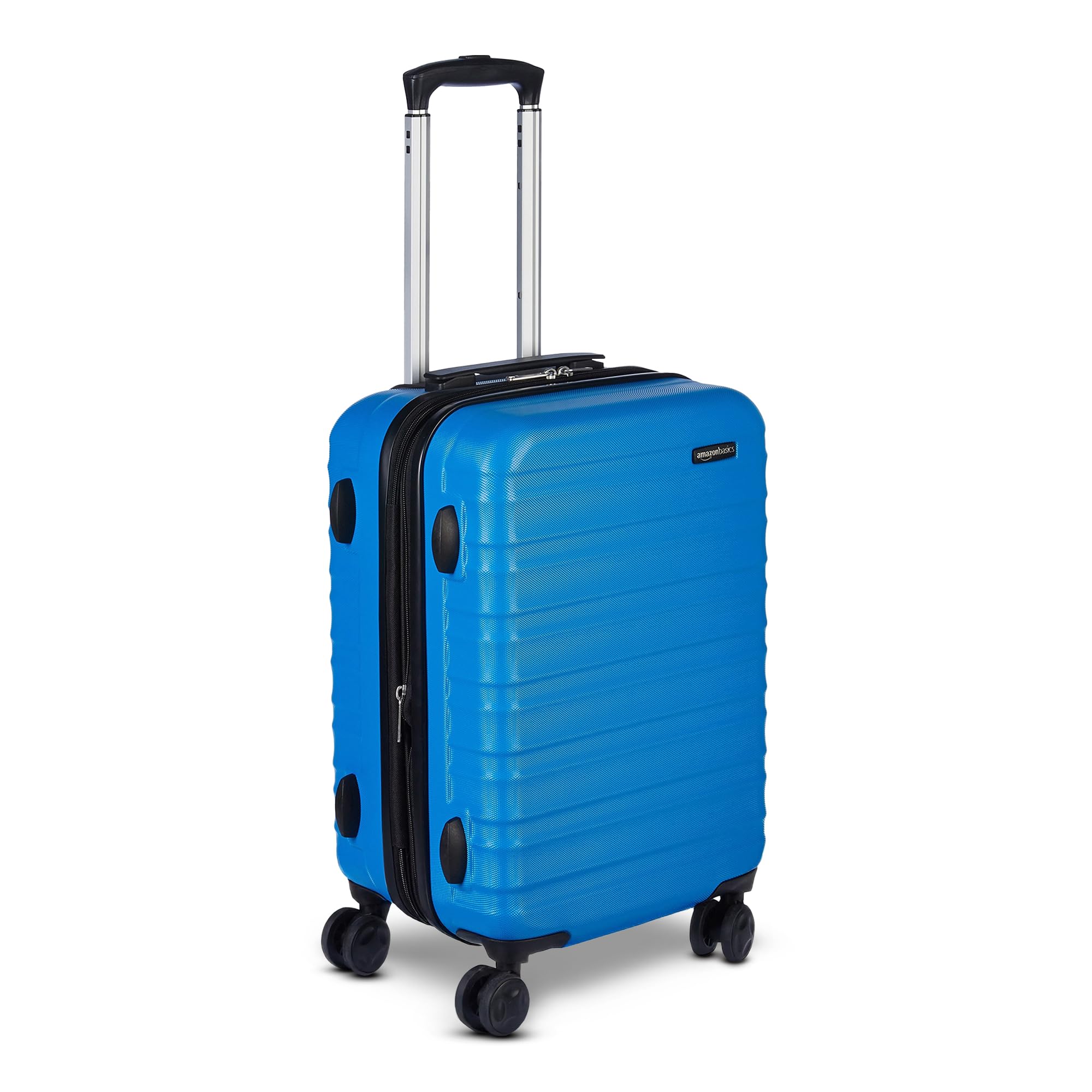 Blue expandable hardshell luggage set with four spinner wheels and telescopic handle