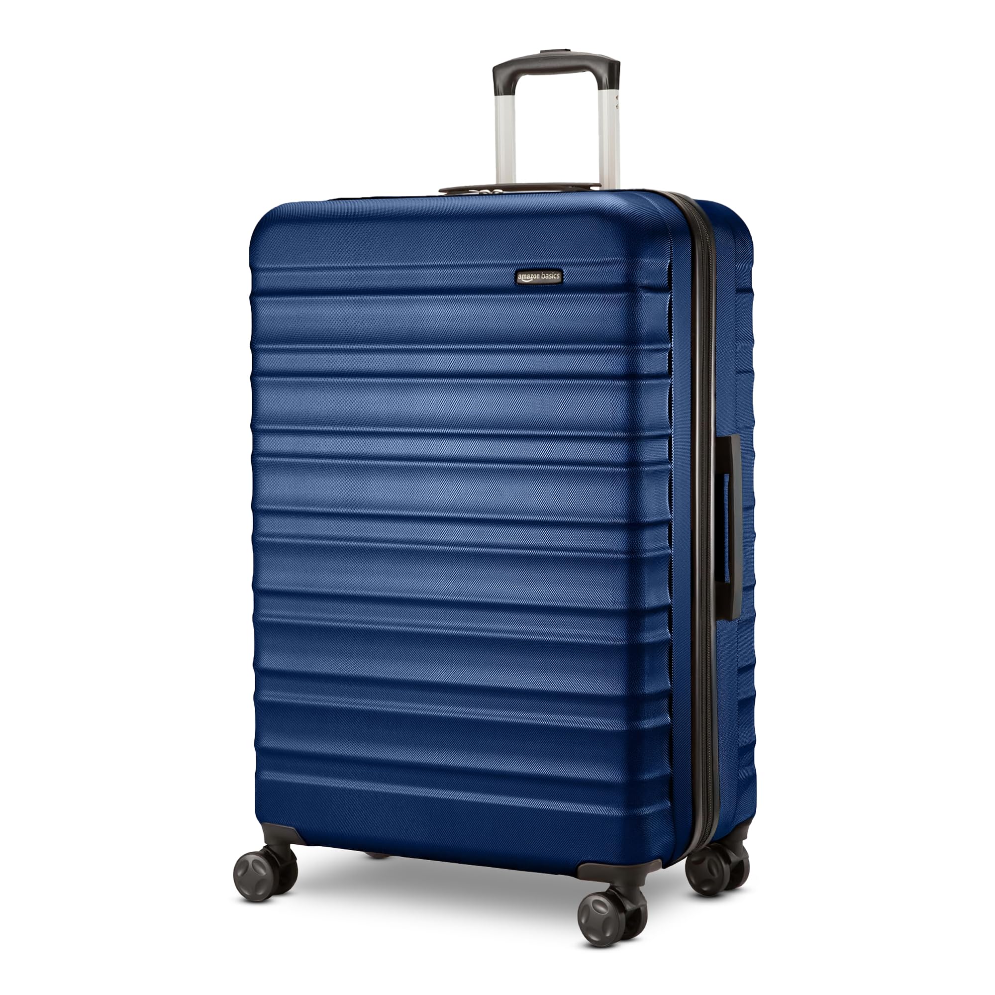 Blue expandable hardshell luggage set by craques with textured horizontal lines and spinner wheels