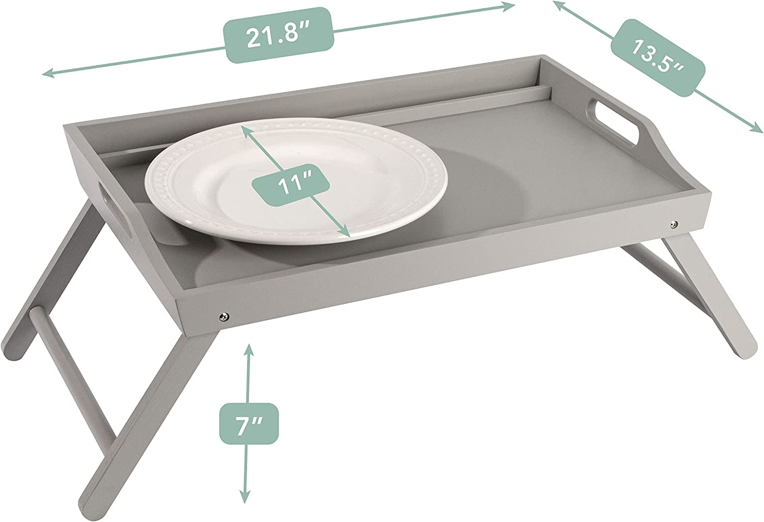 Craques extra large wood bed tray in gray with foldable legs and plate on top