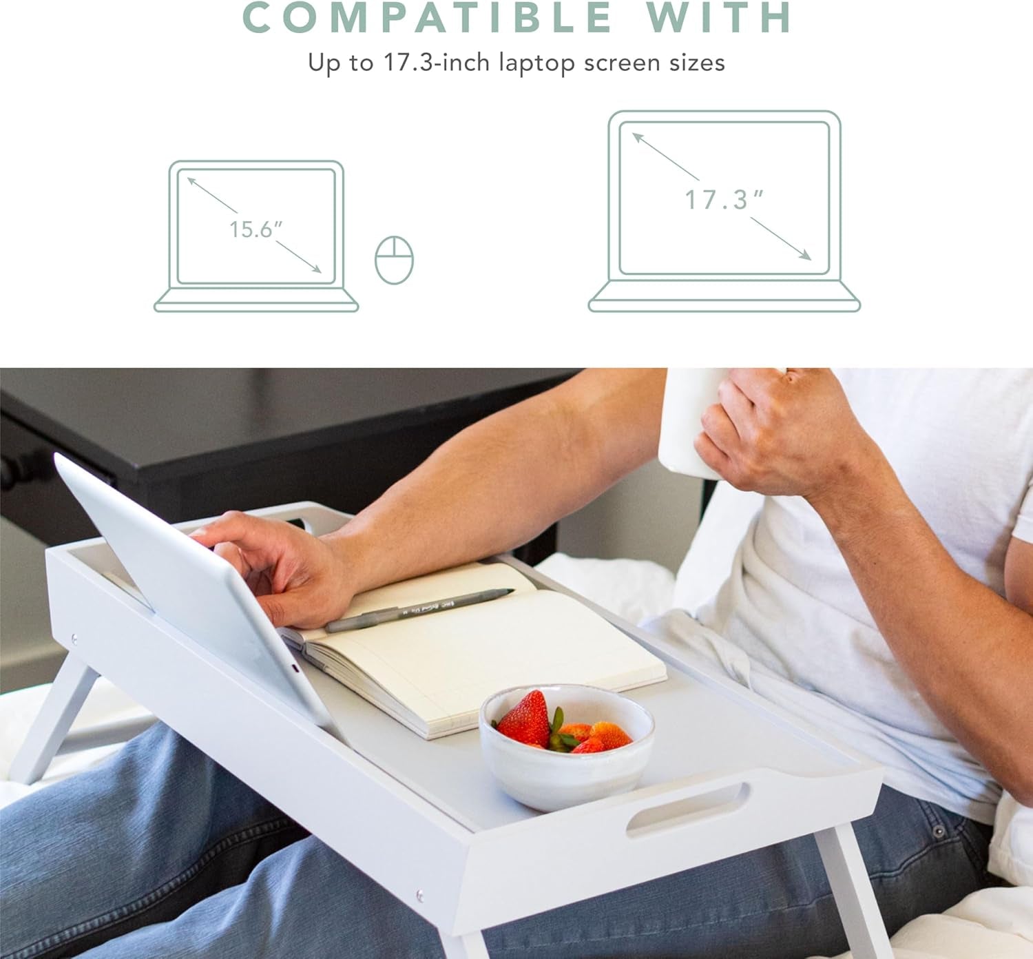 Person using extra large wood bed tray in white holding coffee with laptop and snack bowl on tray