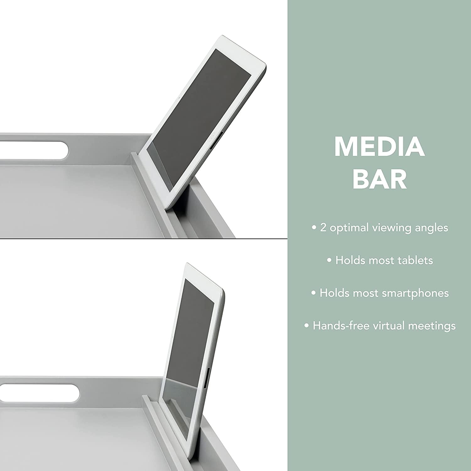 Craques extra large wood bed tray with media bar holding a tablet at two optimal viewing angles