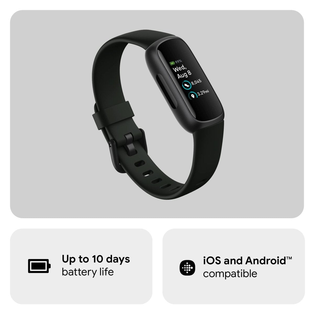 Black Fitbit Inspire 3 fitness tracker with up to 10 days battery life and compatible with iOS and Android