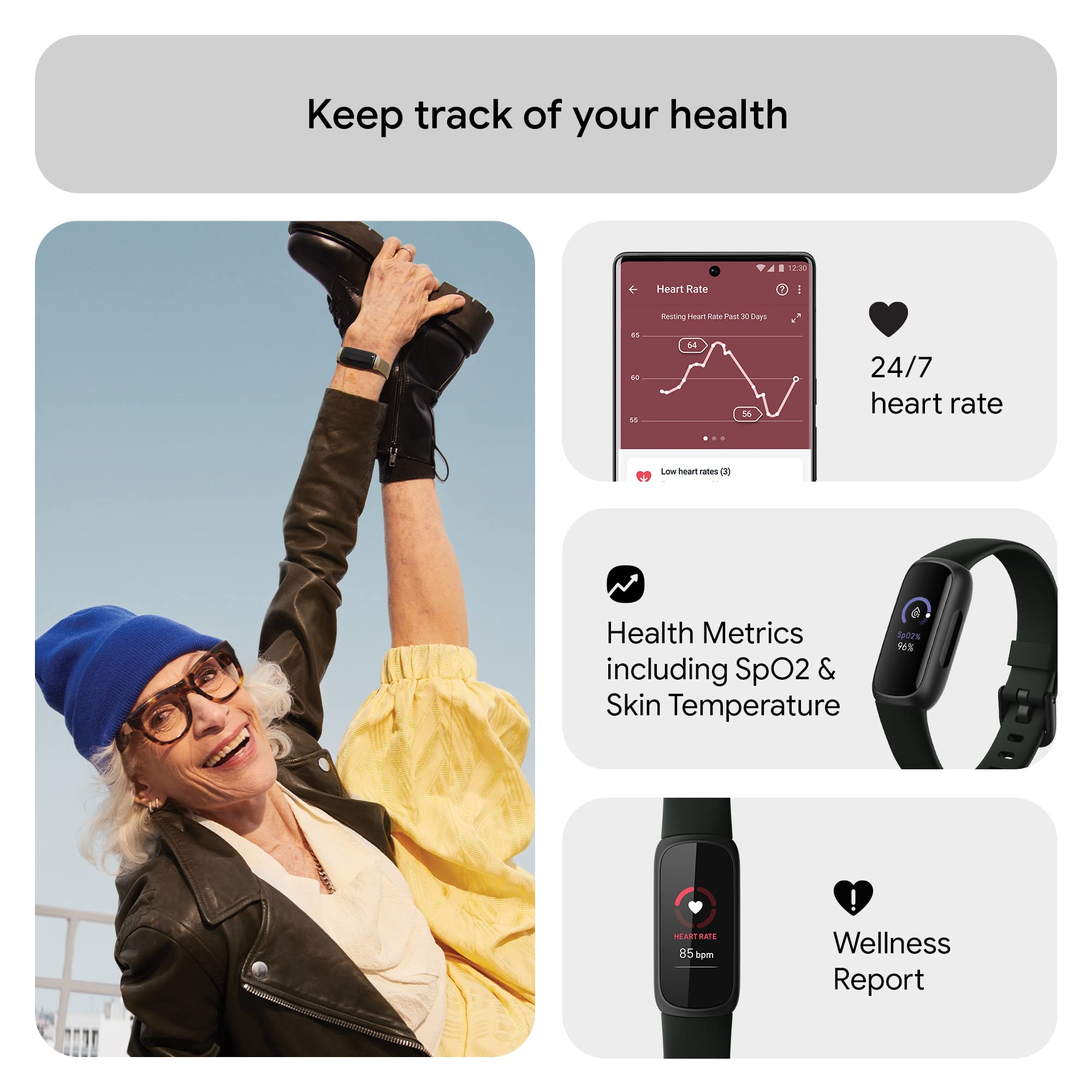 Fitbit Inspire 3 fitness tracker showing heart rate, SpO2, skin temperature, and wellness report features
