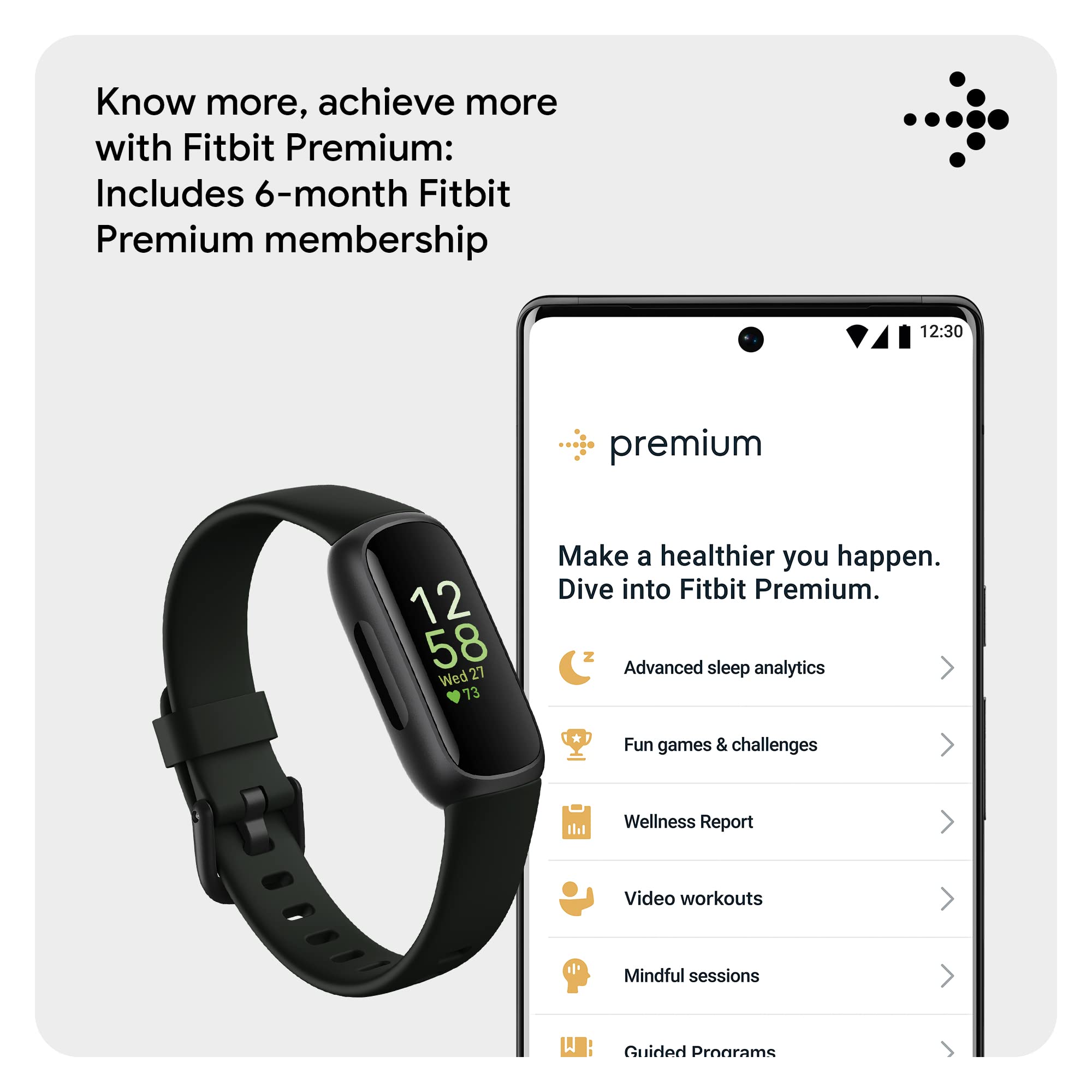 Fitbit Inspire 3 fitness tracker in black with a phone screen showing Fitbit Premium features and 6-month membership offer