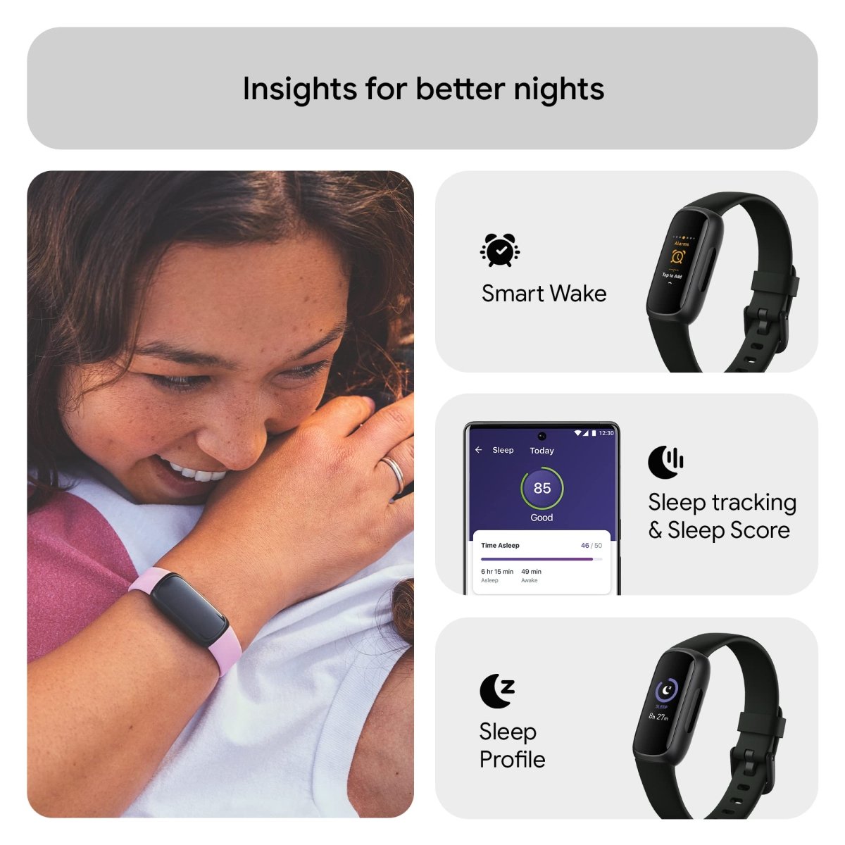 Fitbit Inspire 3 fitness tracker worn on wrist showing sleep tracking features and smart wake function