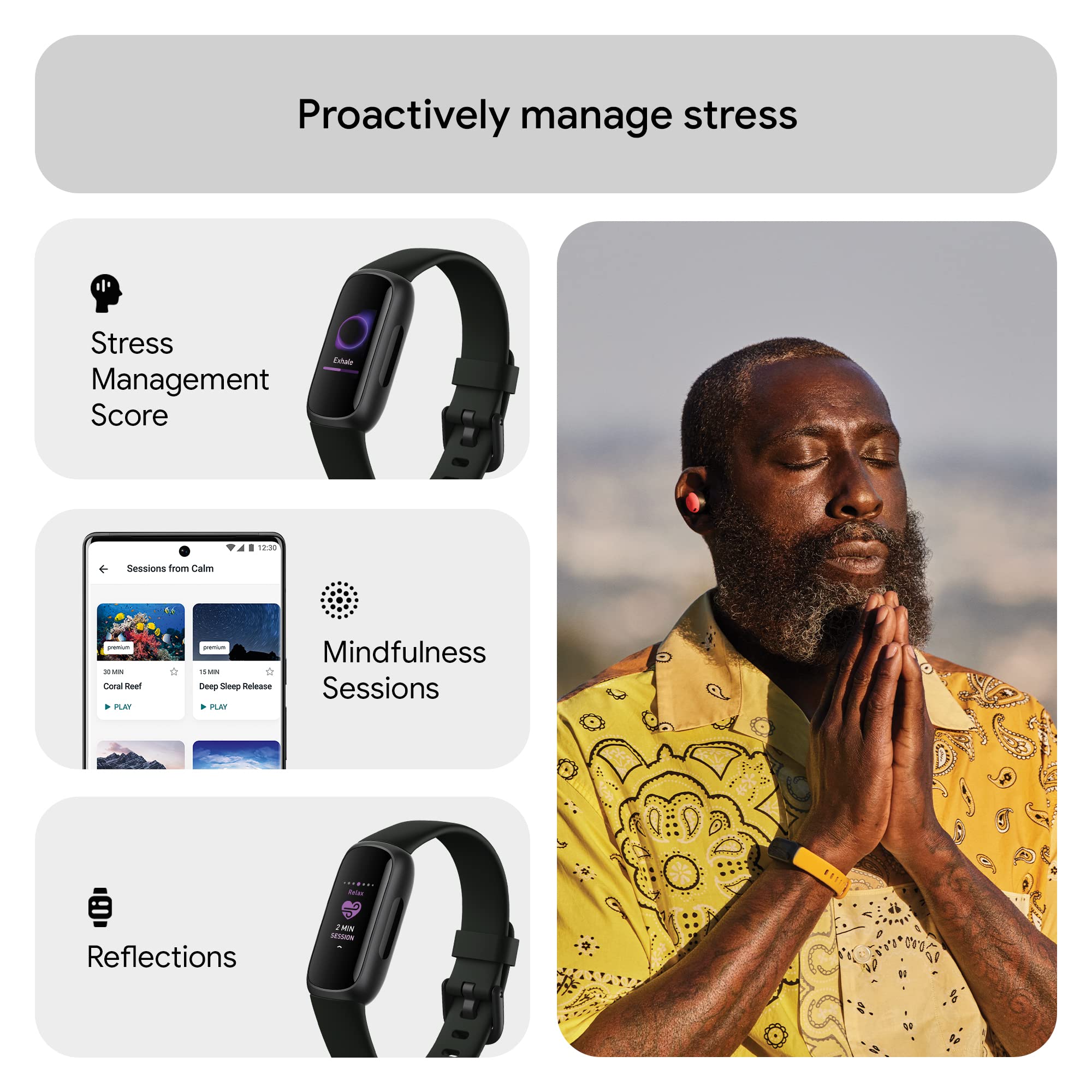 Fitbit Inspire 3 fitness tracker showing stress management features worn by man meditating outdoors