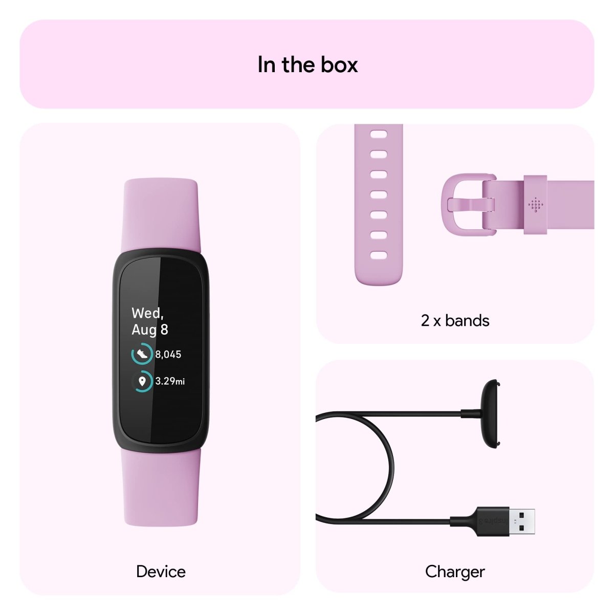 Fitbit Inspire 3 fitness tracker with lavender bands and charger included in the box