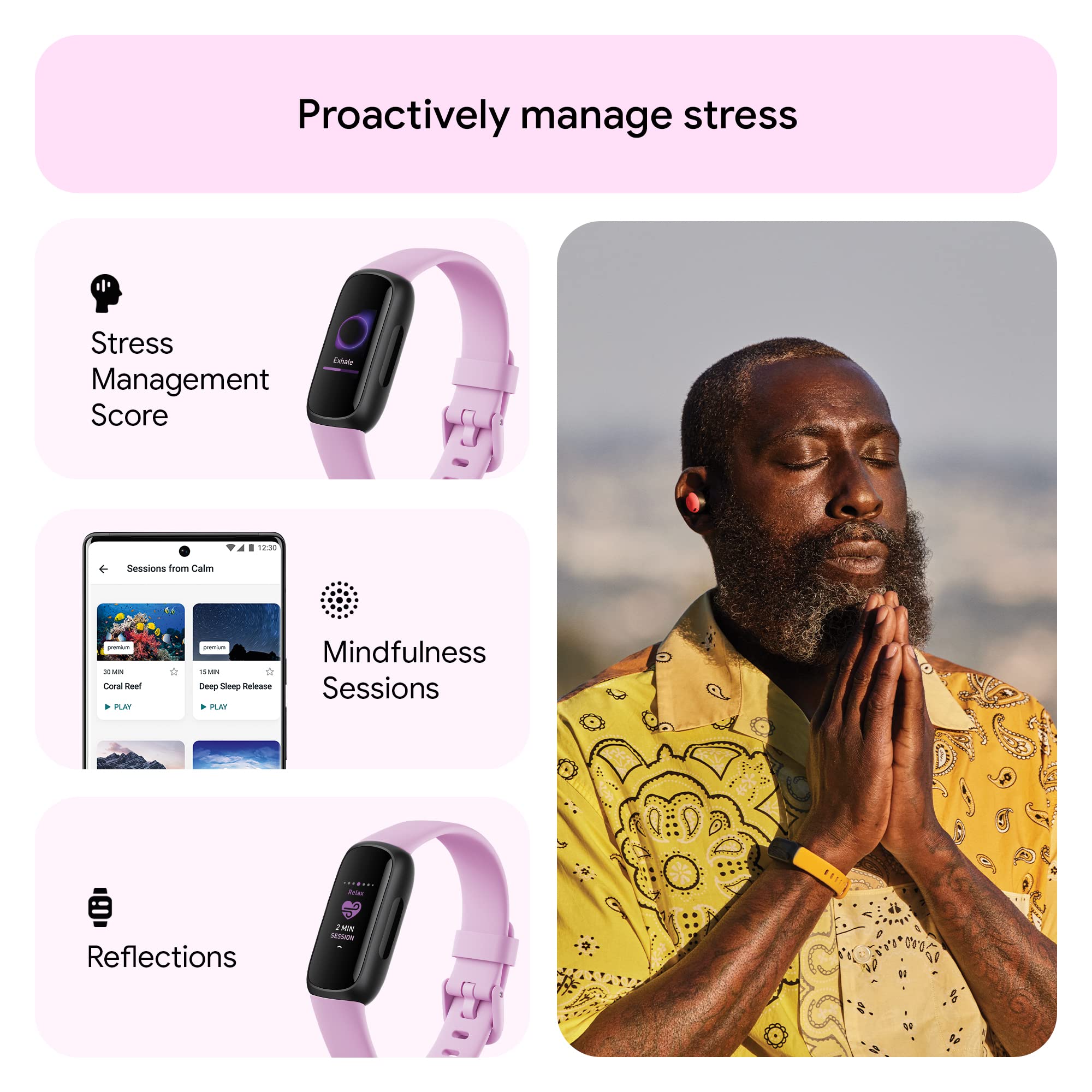Fitbit Inspire 3 fitness tracker in lavender showing stress management features and a man meditating outdoors