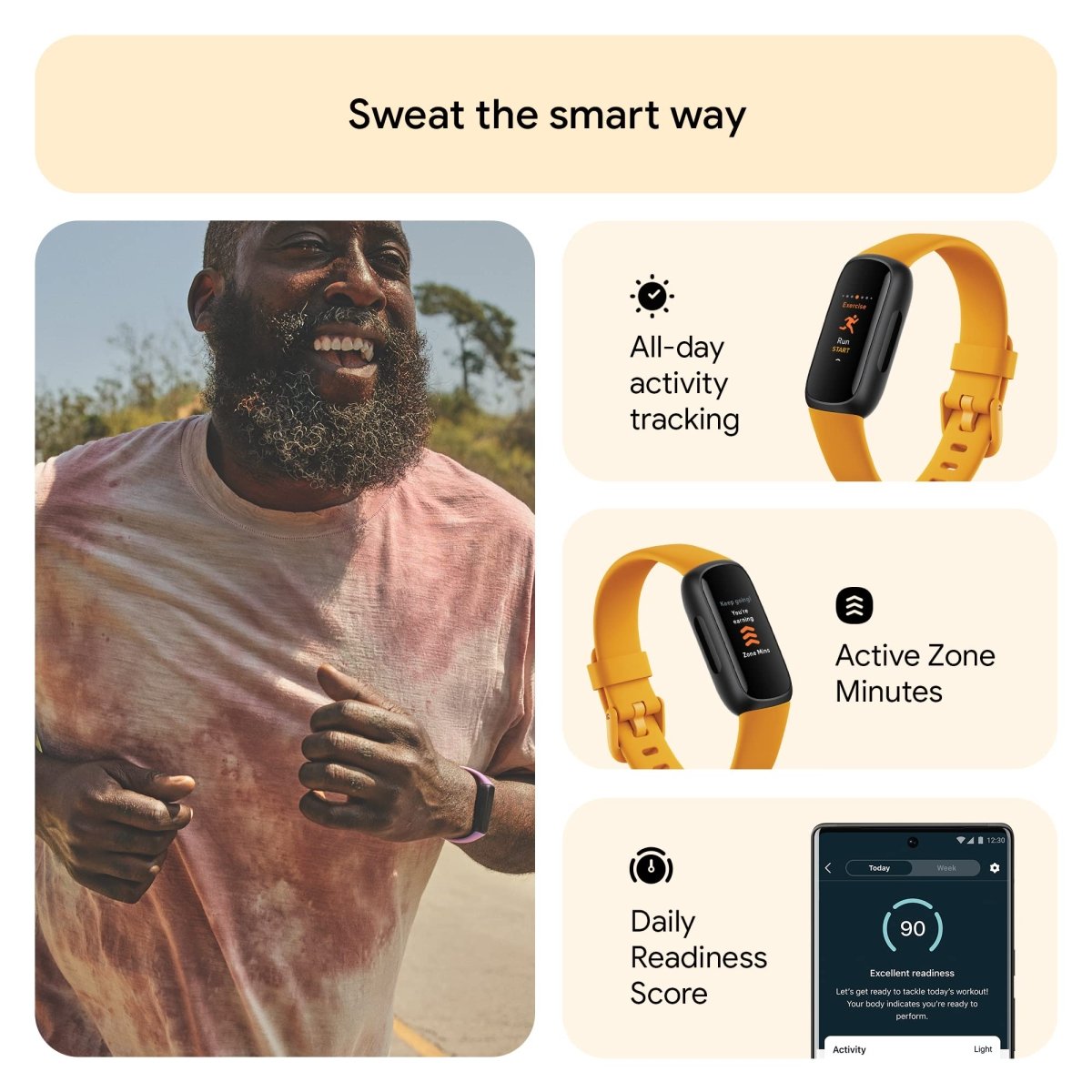 Fitbit Inspire 3 fitness tracker with yellow band showing activity tracking and readiness score