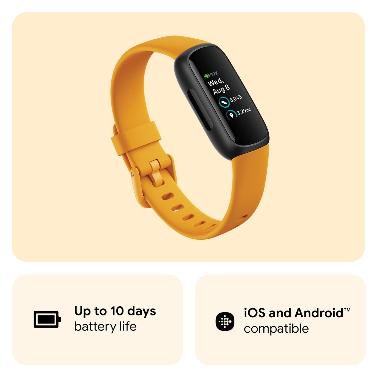 Fitbit Inspire 3 fitness tracker with yellow band showing date and step count on screen