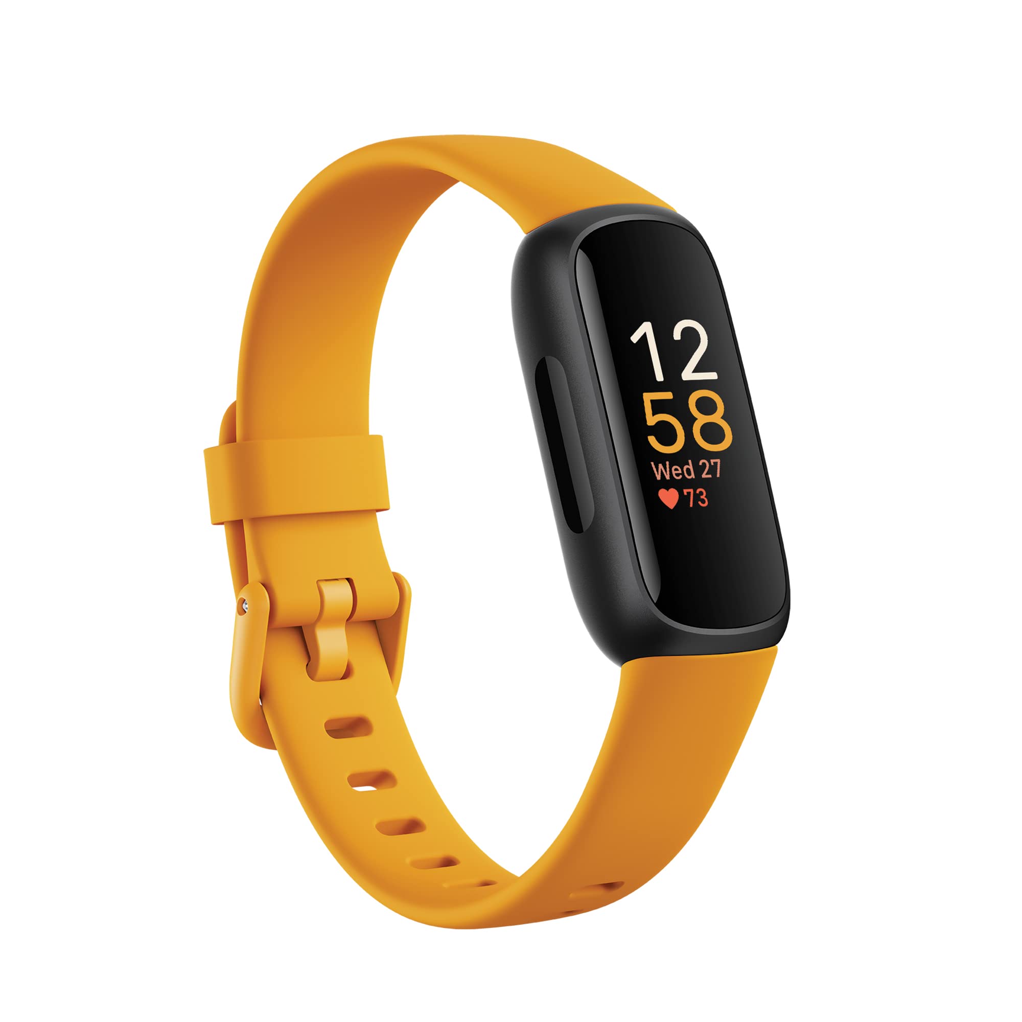 Fitbit Inspire 3 fitness tracker with black screen and vibrant yellow wristband by craques