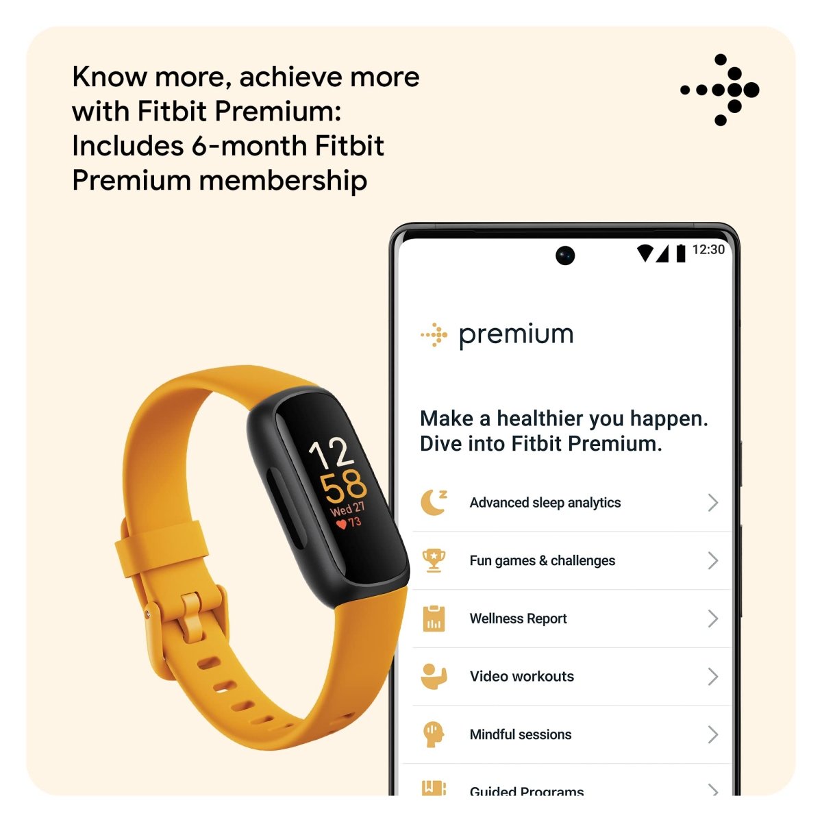 Fitbit Inspire 3 fitness tracker with yellow band showing time and heart rate alongside smartphone displaying Fitbit Premium features