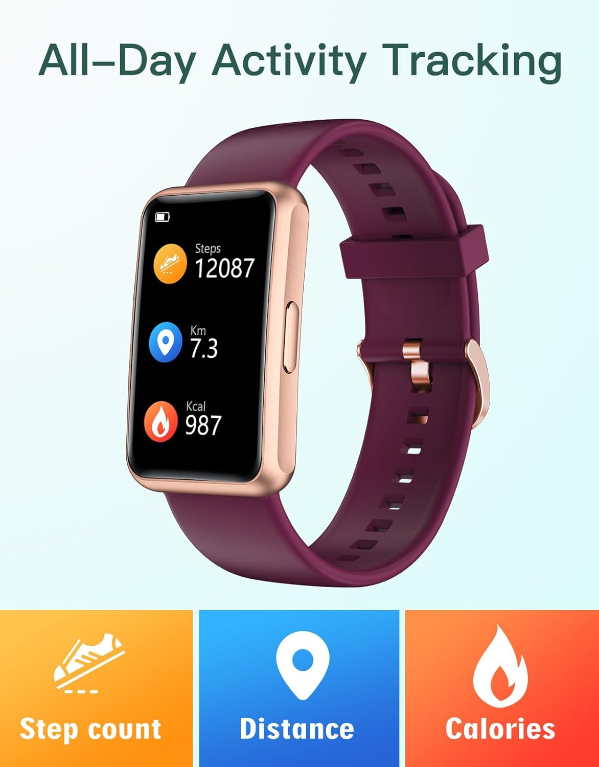 Craques fitness tracker no app needed with rose gold case and purple band showing steps distance and calories