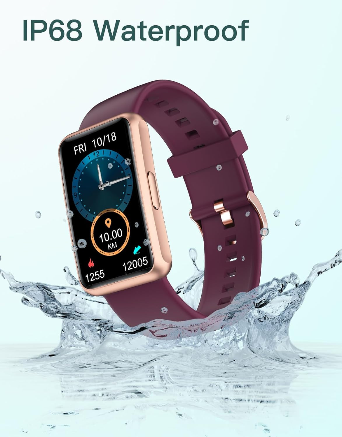 Craques fitness tracker no app needed with IP68 waterproof rating and purple band in water splash