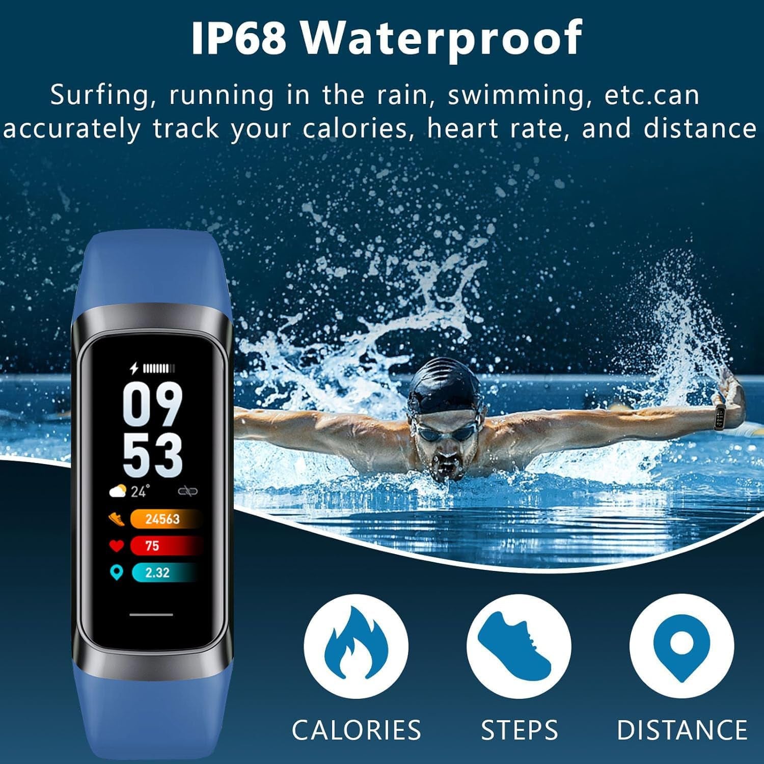 Craques fitness tracker with heart rate and blood pressure tracking shown with swimming and waterproof feature