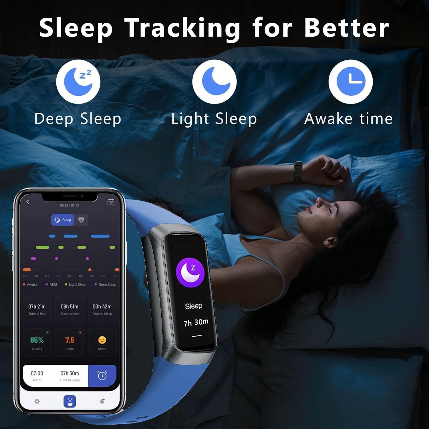 craques fitness tracker with heart rate and blood pressure showing sleep tracking features including deep sleep light sleep and awake time
