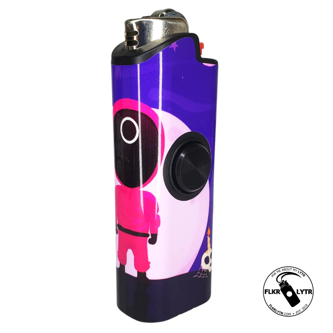 Craques limited edition squid game lighter featuring pink guard character design on purple background