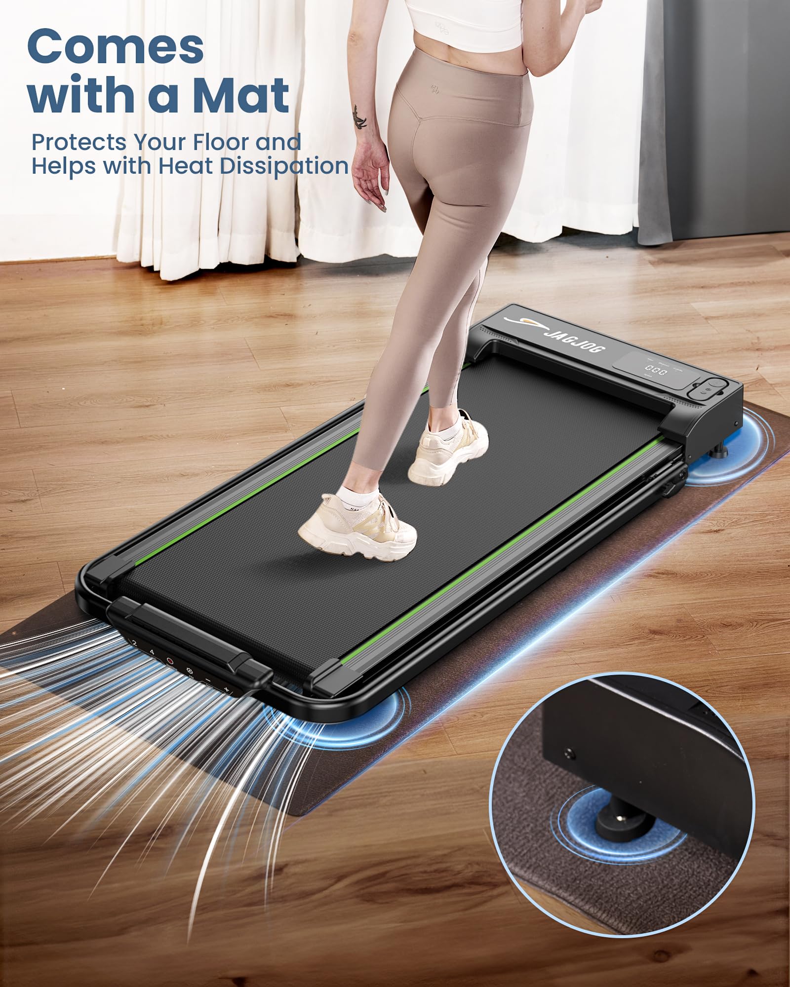 Foldable walking pad with handle bar by craques shown in use on wooden floor with mat for floor protection and heat dissipation