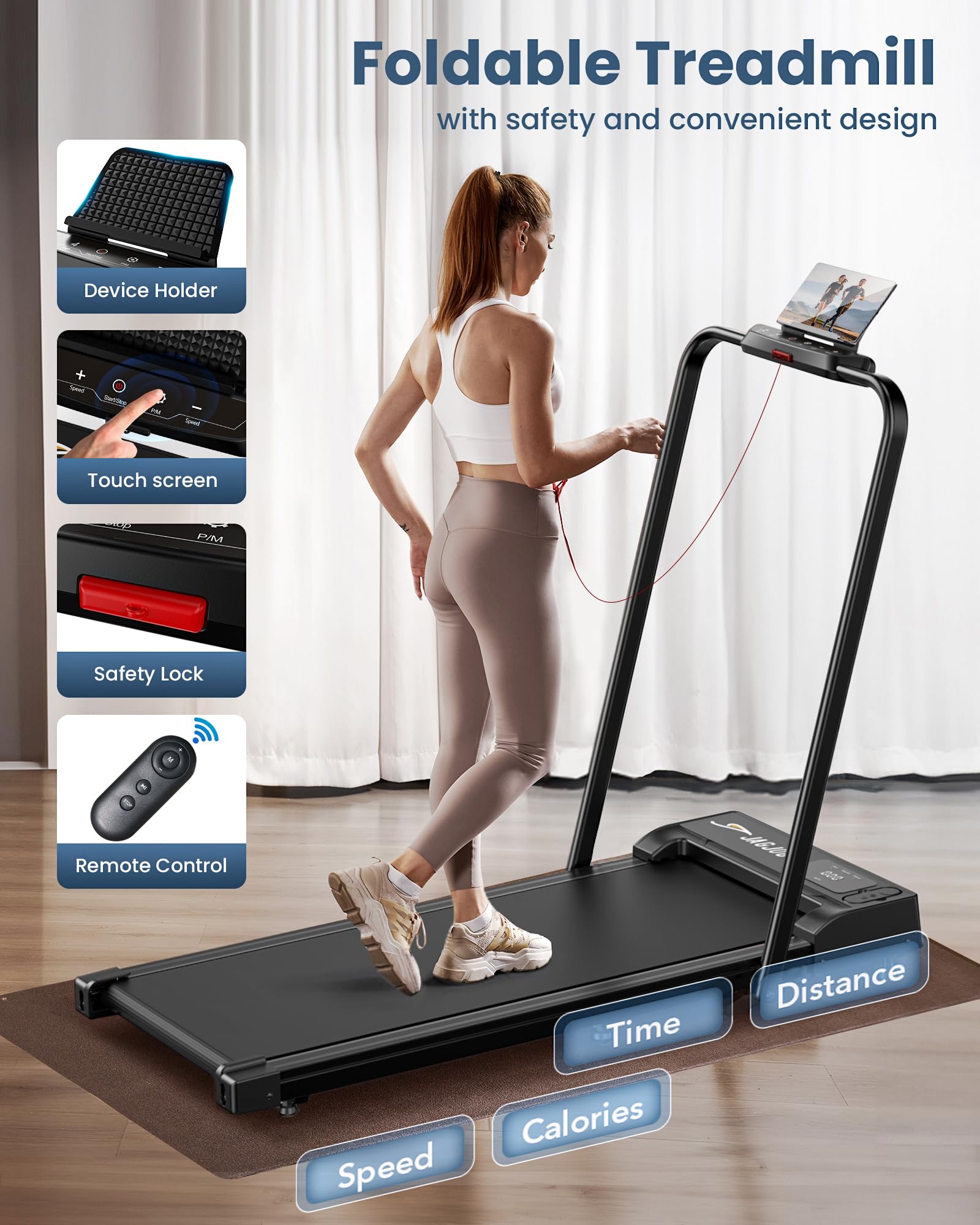 Woman using craques foldable walking pad with handle bar treadmill featuring touch screen and remote control