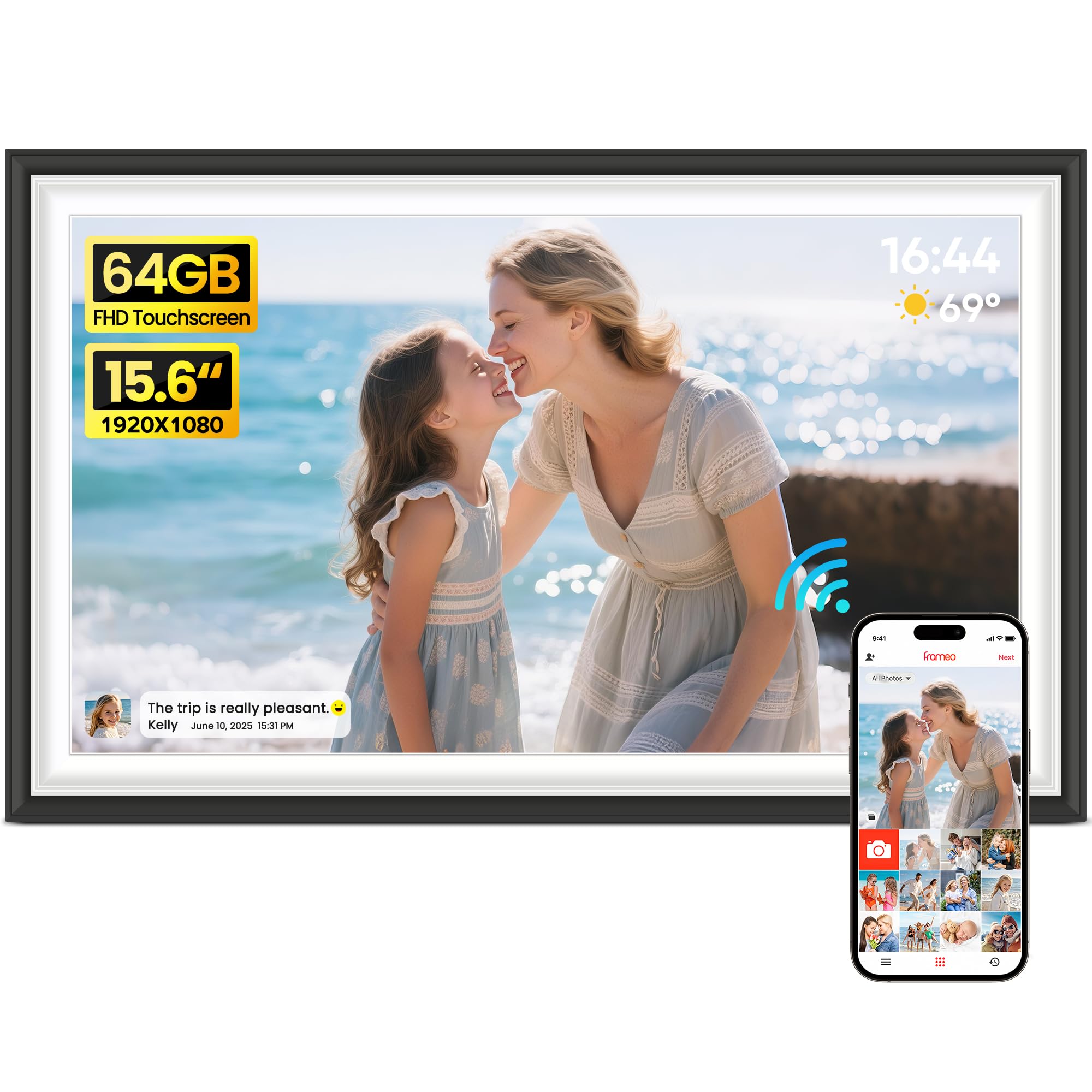 Frameo WiFi digital picture frame 15.6 inch FHD touchscreen with 64GB storage and smartphone connectivity