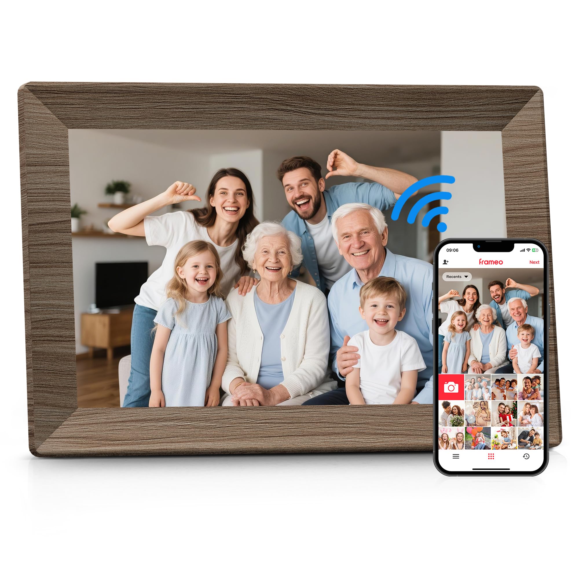 Craques Frameo WiFi digital picture frame displaying family photo with smartphone app interface
