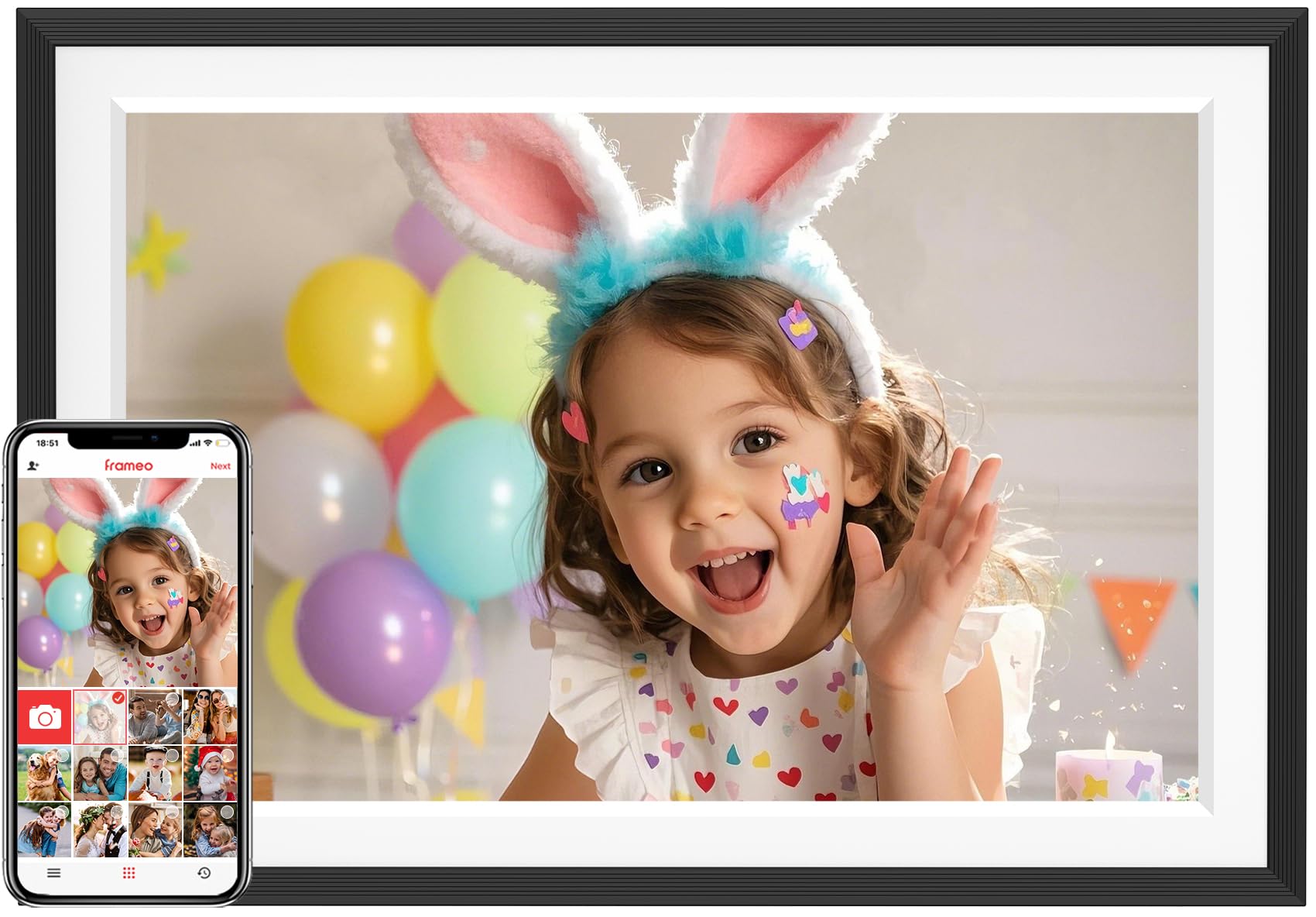Craques Frameo WiFi digital picture frame displaying a child wearing bunny ears with balloons in the background