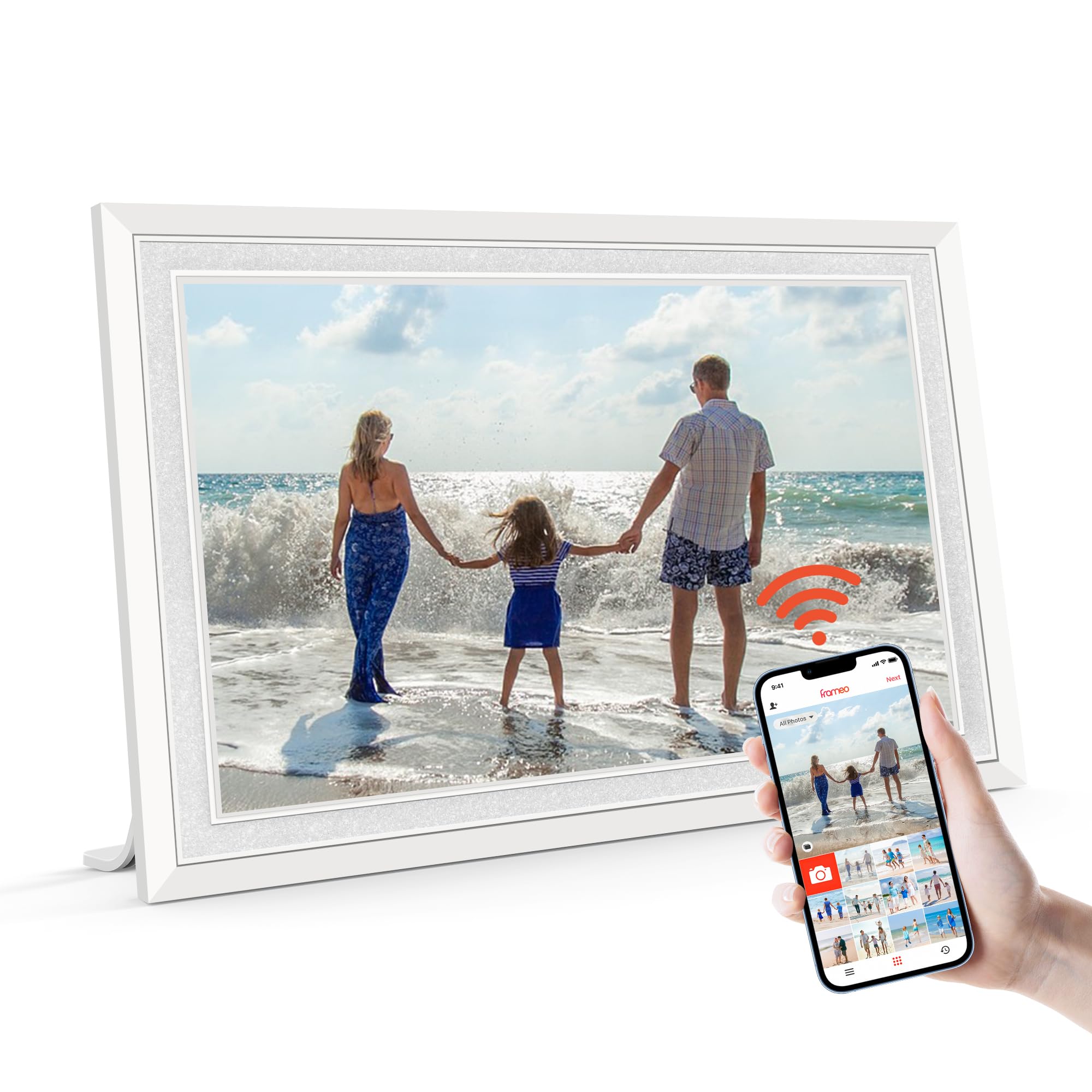 Craques Frameo WiFi digital picture frame displaying family beach photo controlled via smartphone app