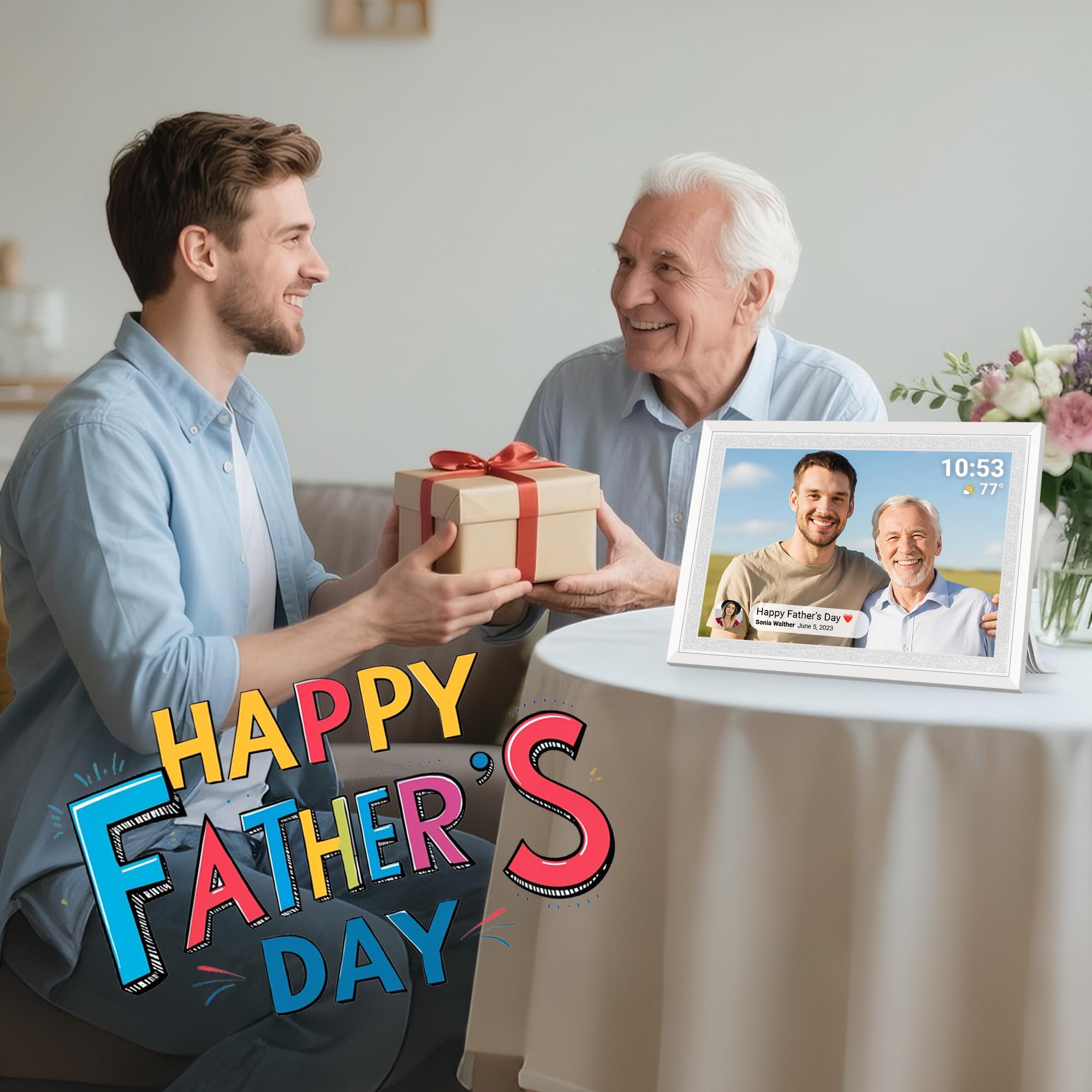 Elderly man receiving a gift from younger man with Frameo WiFi digital picture frame showing a family photo on table