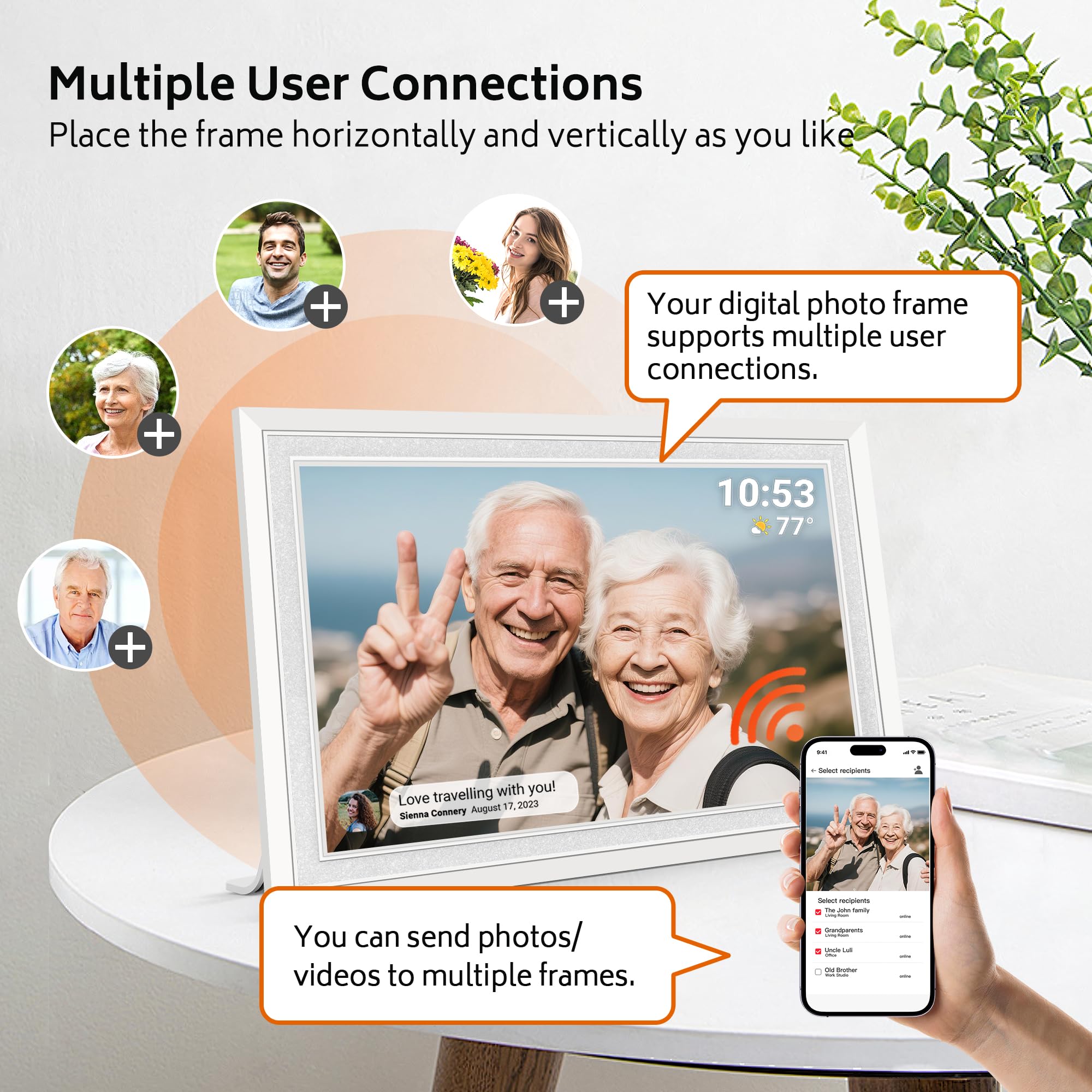 Frameo WiFi digital picture frame showing a photo of a smiling elderly couple with smartphone sending photos wirelessly
